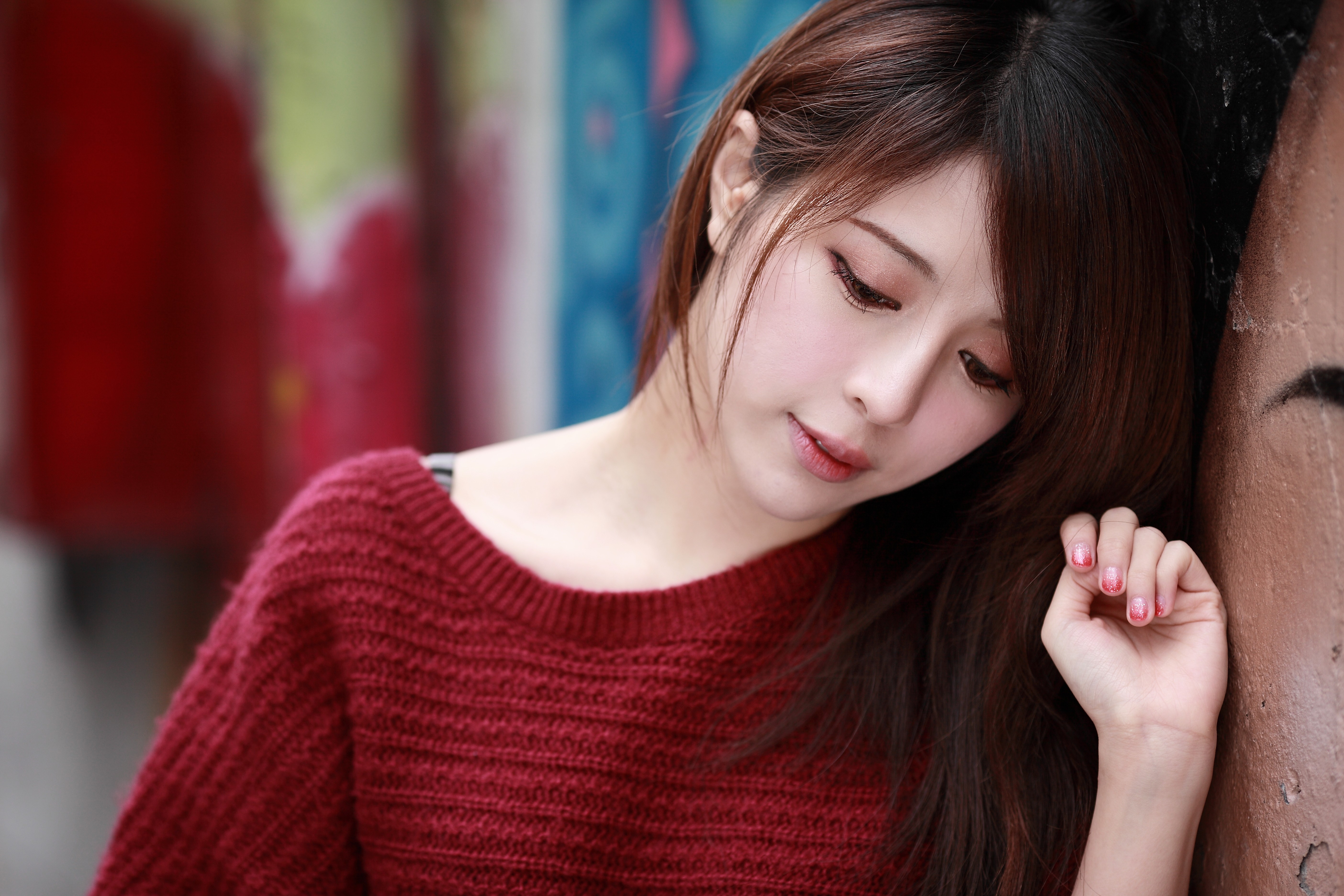 People 5616x3744 women model brunette long hair face Asian sweater auburn hair looking away painted nails red nails red clothing