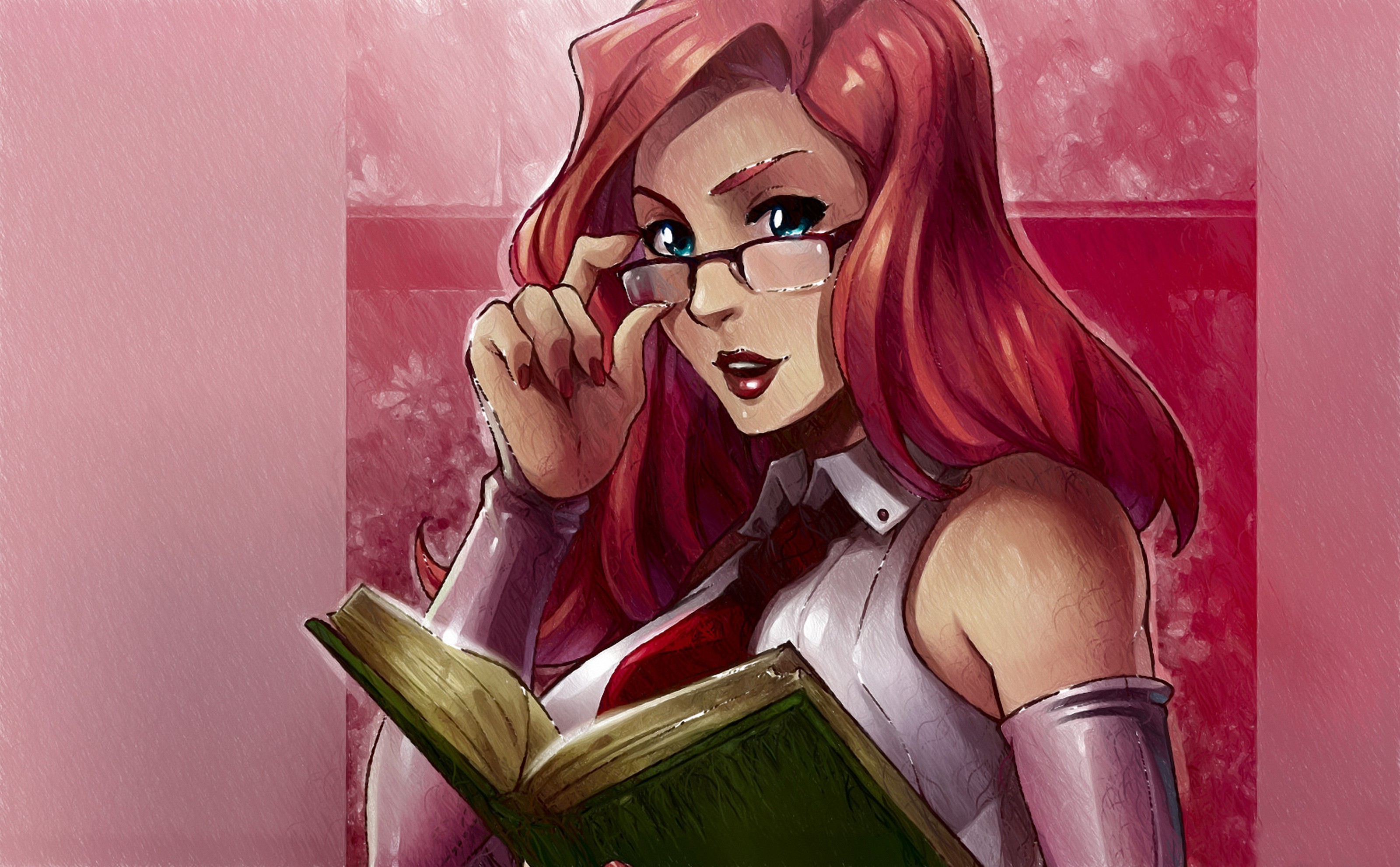 Anime 3200x1982 reiq anime girls anime redhead red lipstick books women red nails women with glasses painted nails tie