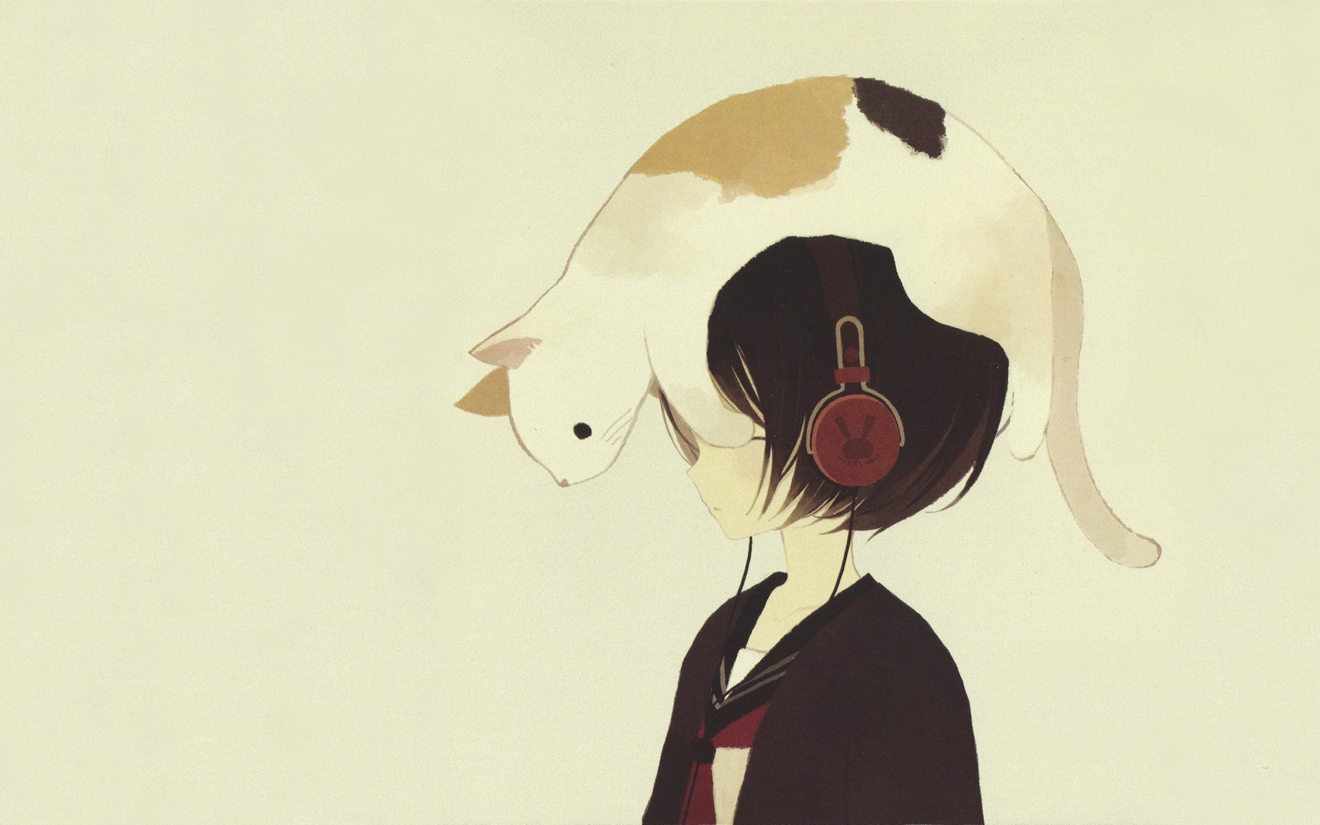 Anime 1920x1200 anime girls headphones original characters cats animals mammals black hair simple background beige background