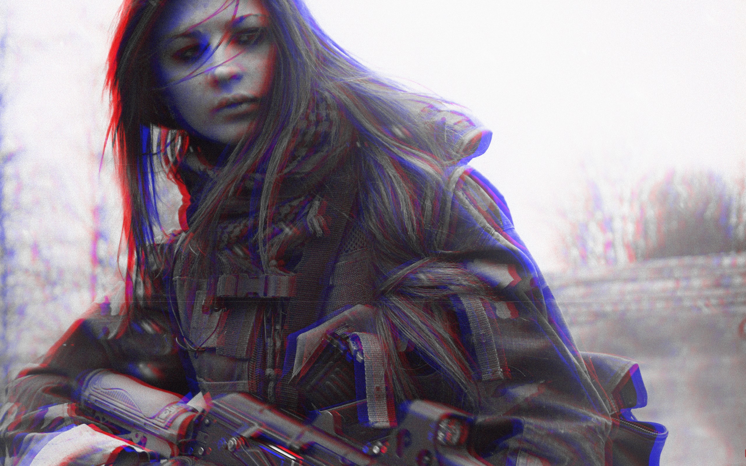 People 2560x1600 women anaglyph 3D women outdoors long hair girls with guns military weapon