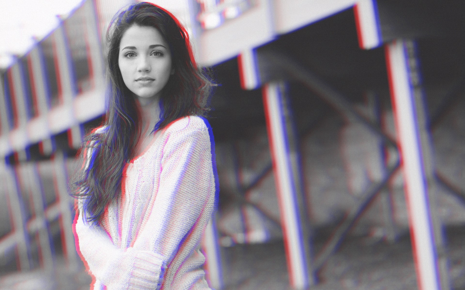 People 1920x1200 anaglyph 3D women women outdoors Emily Rudd outdoors looking at viewer long hair model actress celebrity sweater monochrome