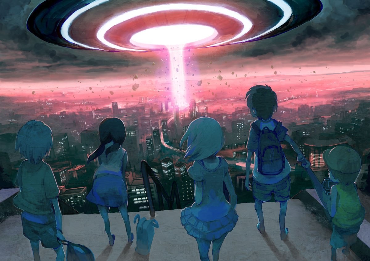 Anime 1200x848 manga anime girls sky UFO anime science fiction anime boys cityscape