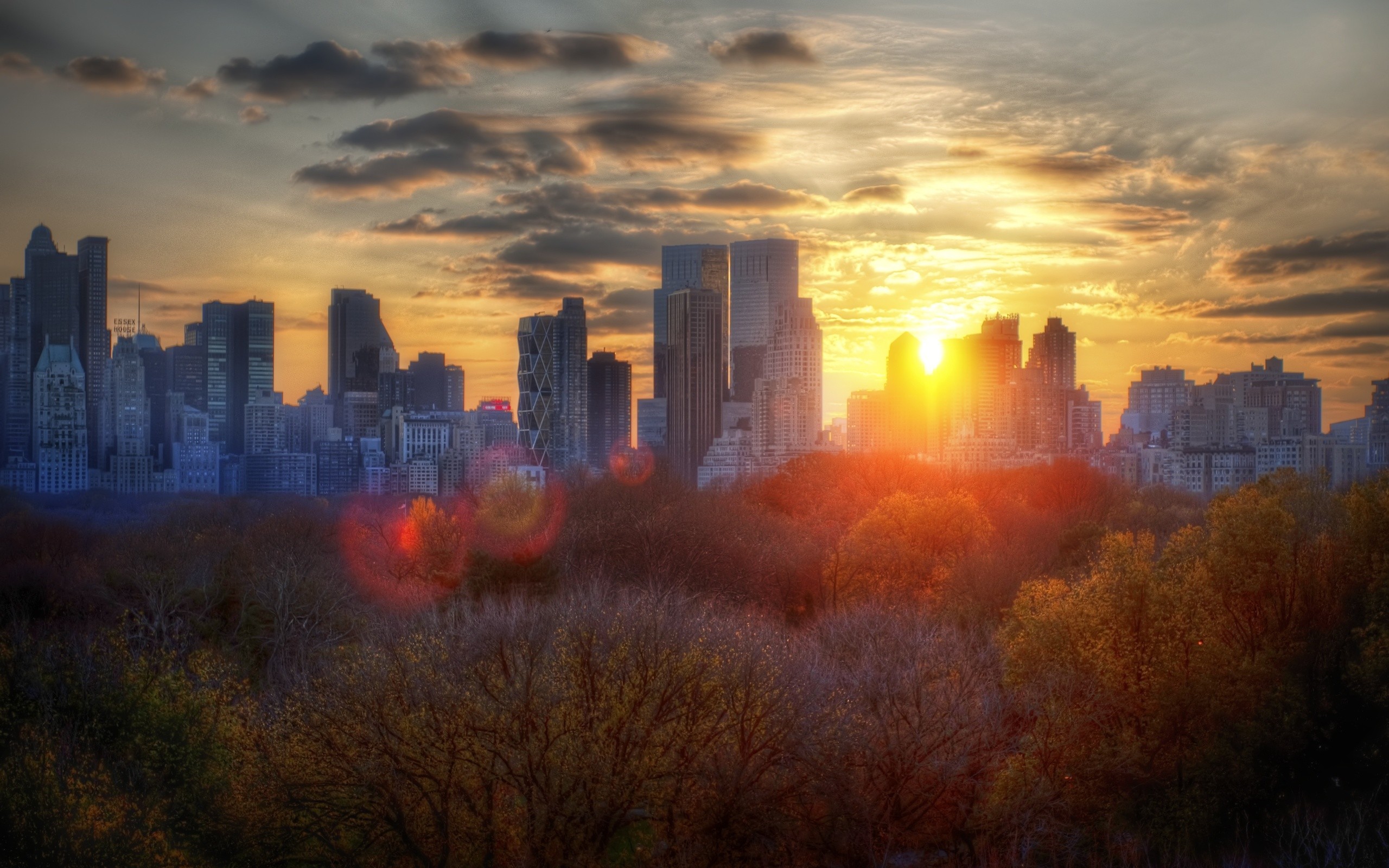 General 2560x1600 Central Park city park sunset New York City USA cityscape sunlight Sun sky clouds