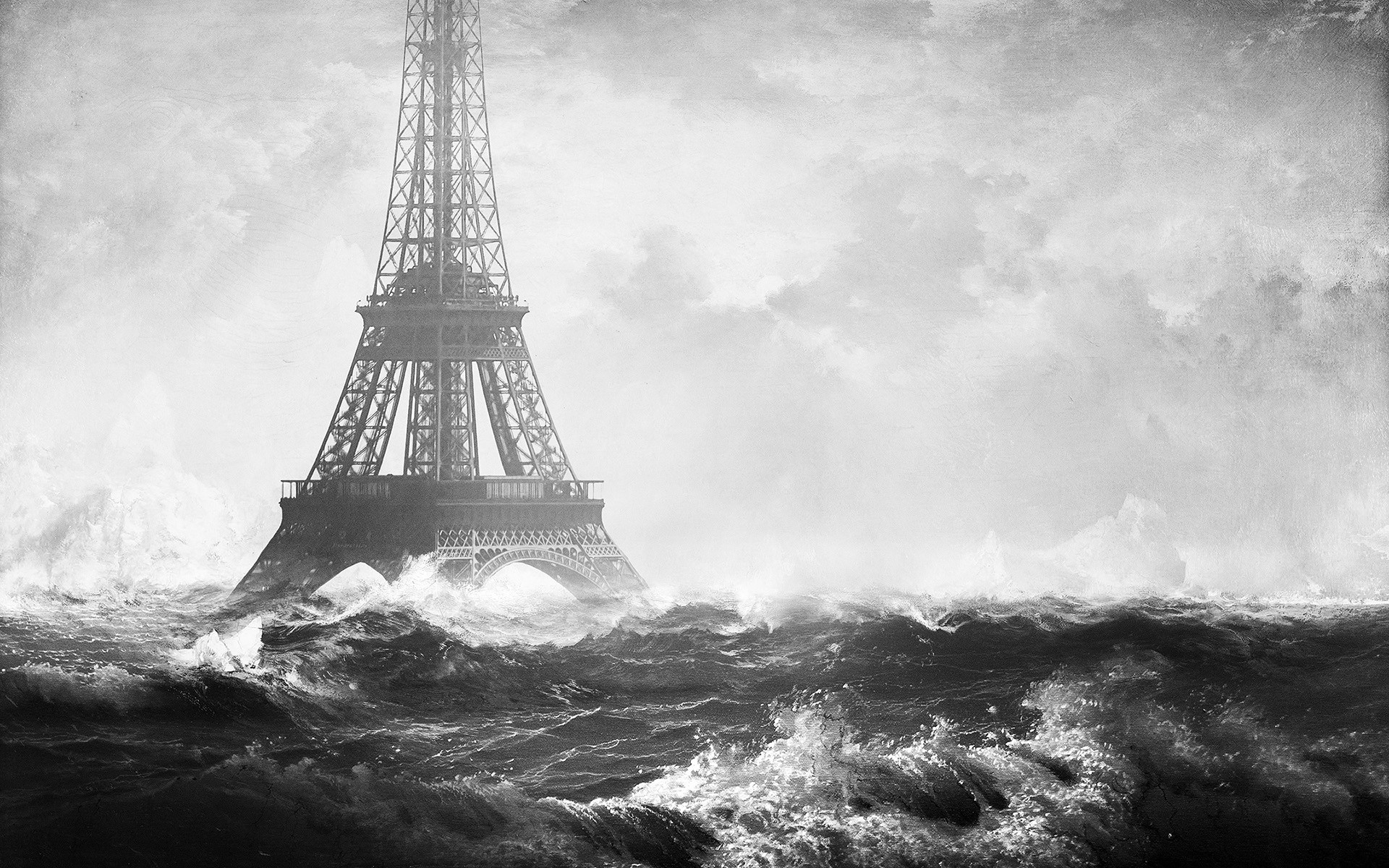 General 1920x1200 Eiffel Tower photo manipulation water storm flood waves gray monochrome France Paris landmark