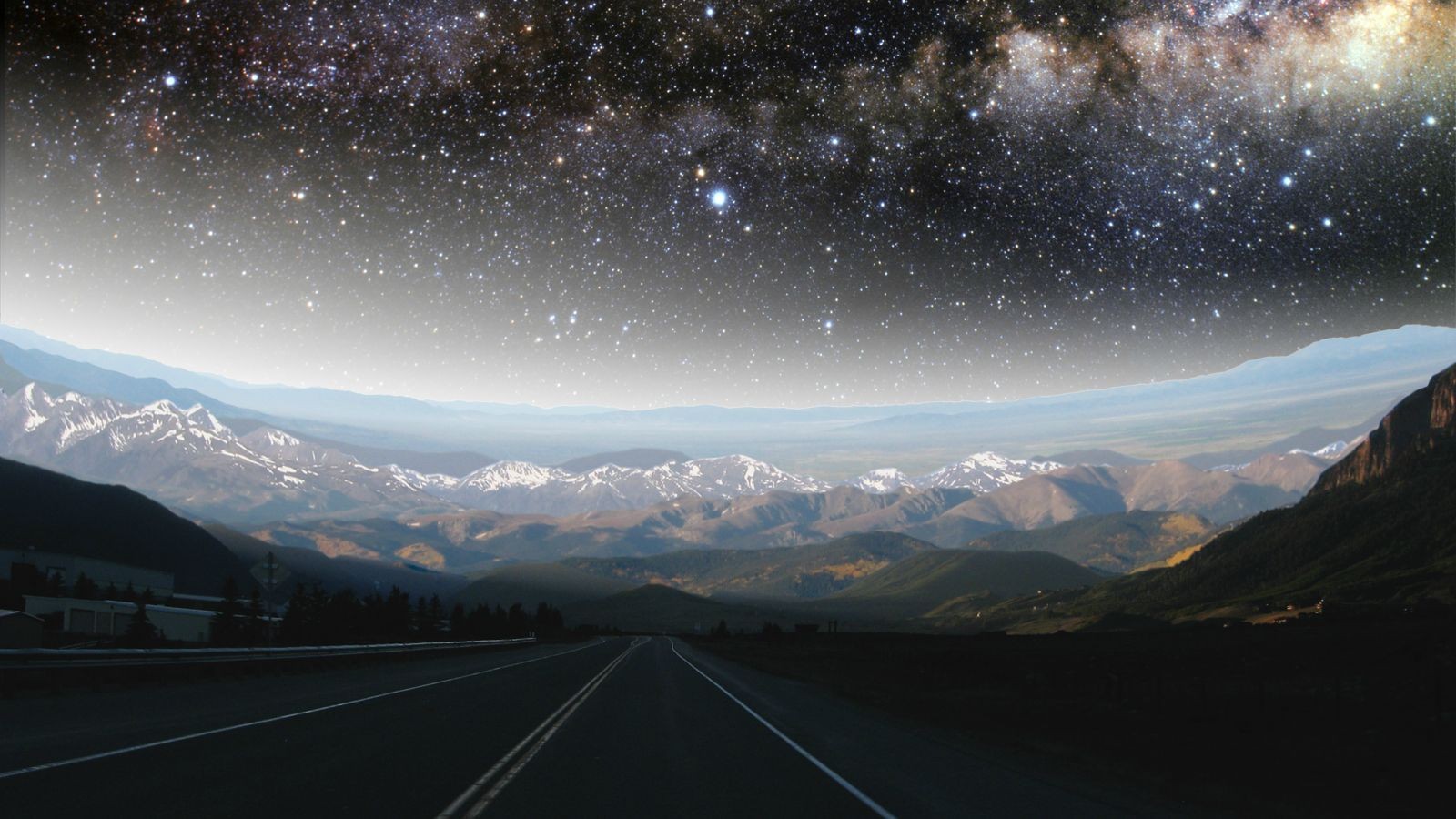 General 1600x900 mountains valley road nebula asphalt long road sky stars