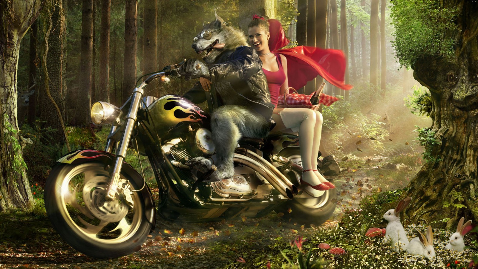 General 1600x900 Little Red Riding Hood wolf motorcycle creature vehicle cape stockings white stockings fantasy art fantasy girl sitting tongue out humor women model women with motorcycles rabbits animals forest trees mammals Anthro