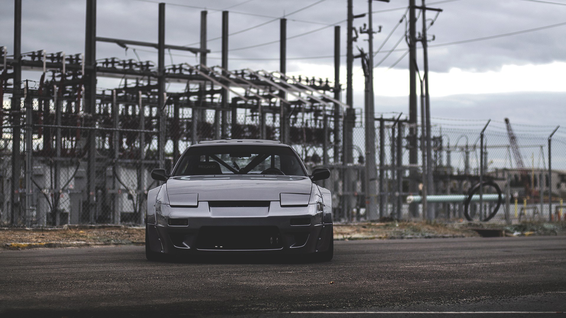 General 1920x1080 car Nissan 240SX Nissan pop-up headlights bolt-on fender flares gray cars Japanese cars vehicle frontal view overcast sky clouds