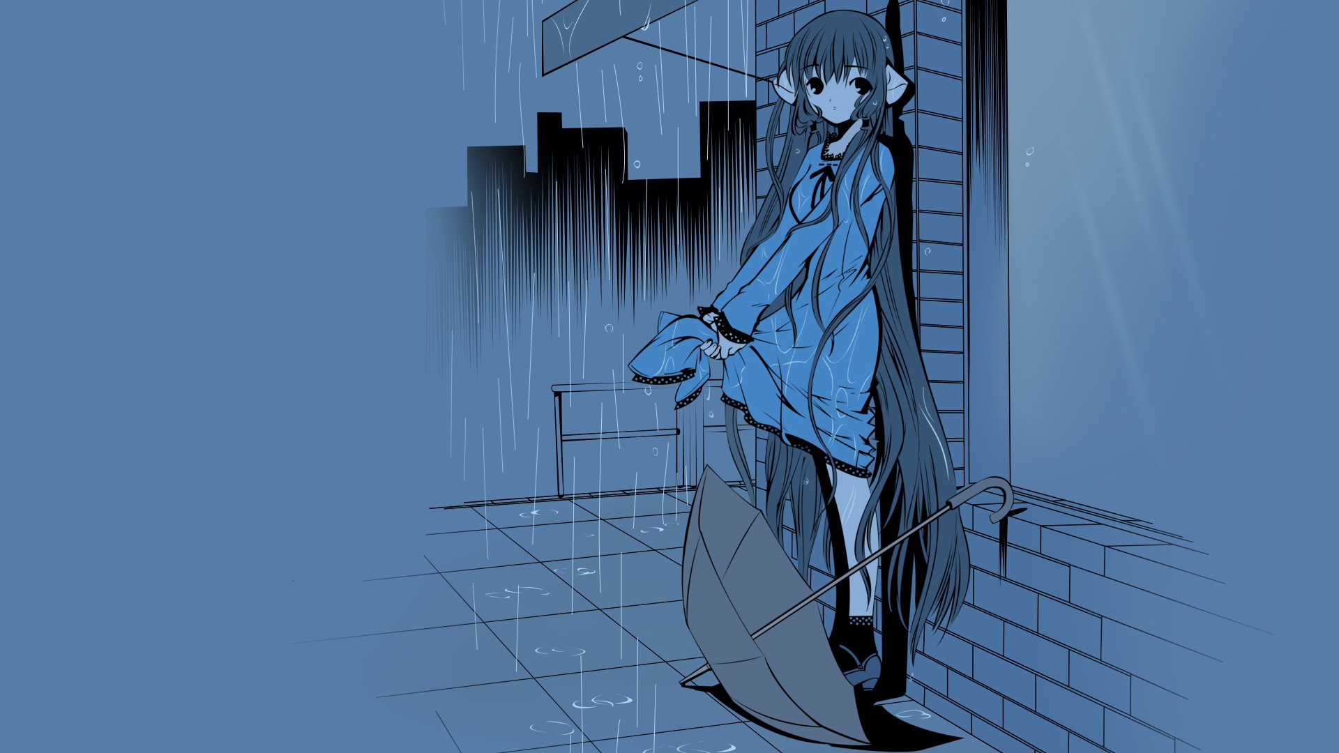 Anime 1920x1080 Chobits anime anime girls rain blue background umbrella long hair women with umbrella standing wet clothing