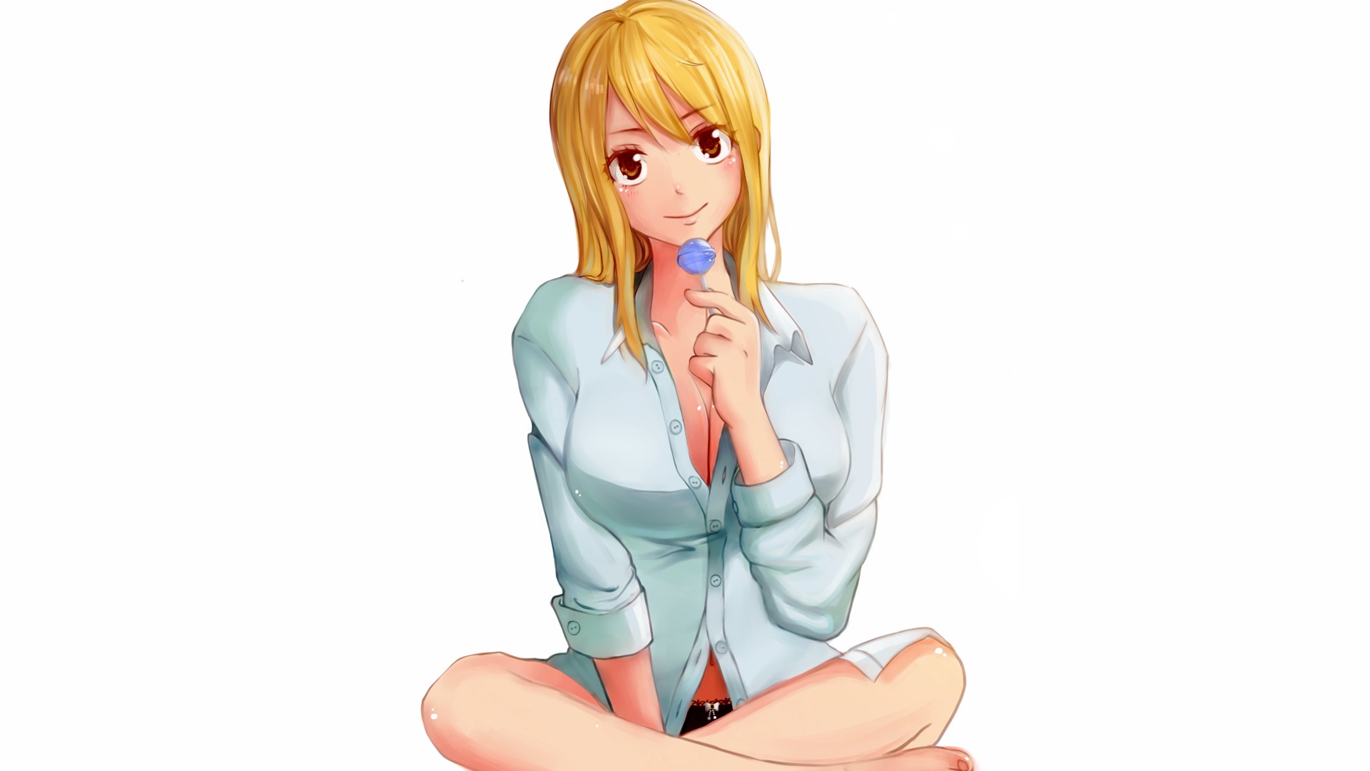Anime 1920x1080 Fairy Tail Heartfilia Lucy  anime anime girls blonde long hair sitting brown eyes smiling looking at viewer boobs big boobs simple background white background food sweets lollipop legs crossed cleavage