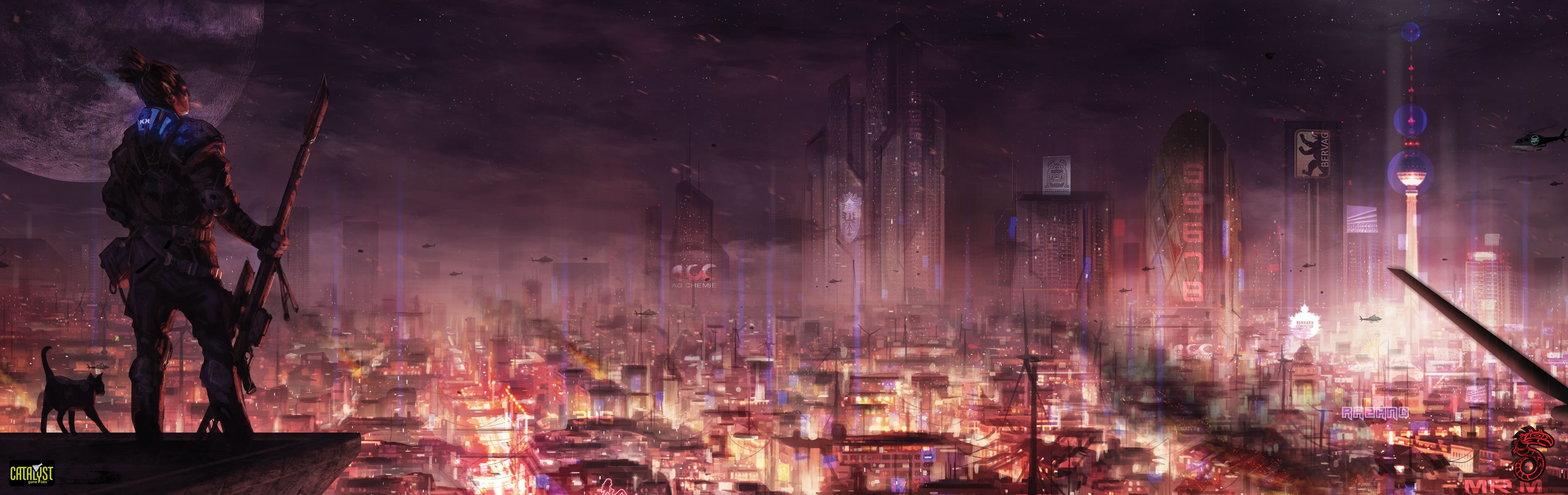 General 3800x1200 Shadowrun cyberpunk futuristic city science fiction cats animals mammals Moon city lights rooftopping rooftops