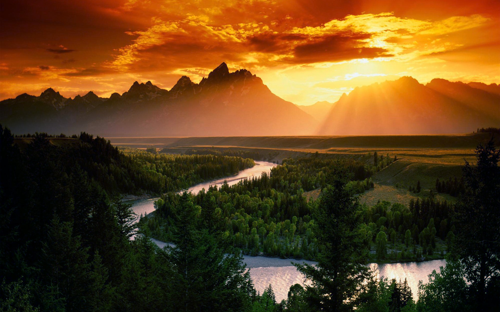General 1920x1200 nature sunlight river trees sky mountains landscape orange sunset sun rays pine trees forest clouds Snake River overlook Wyoming USA Grand Teton National Park