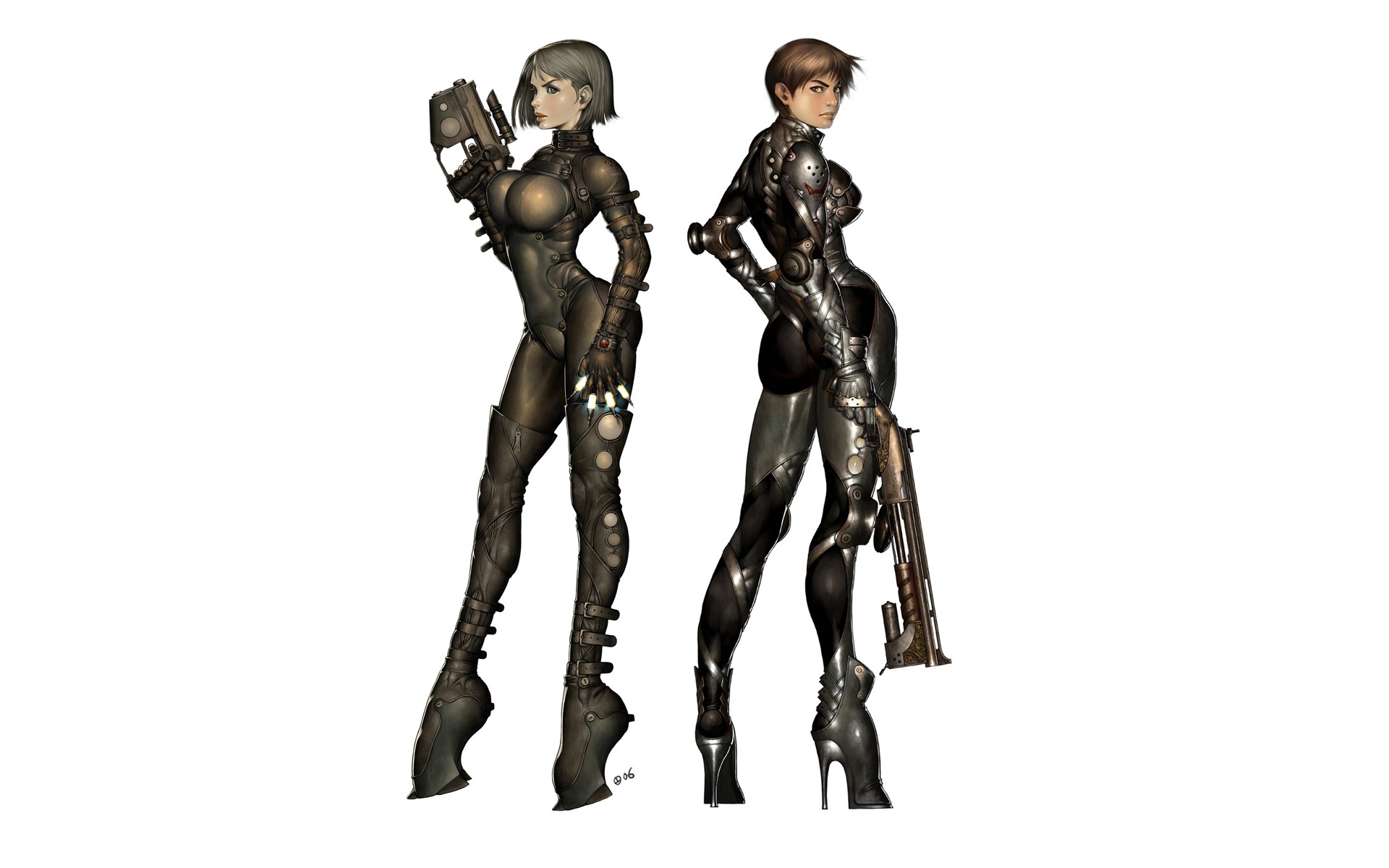Anime 1920x1200 Kyoungseok Oh high heels armor gun women short hair white background anime girls anime simple background big boobs science fiction science fiction women standing weapon