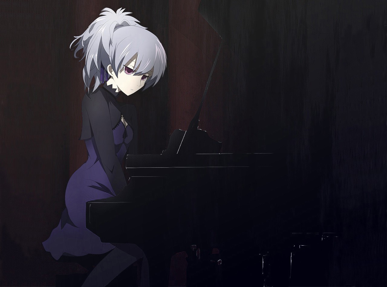 Anime 1280x950 Darker than Black anime anime girls Yin piano musical instrument sitting dress purple dress purple eyes