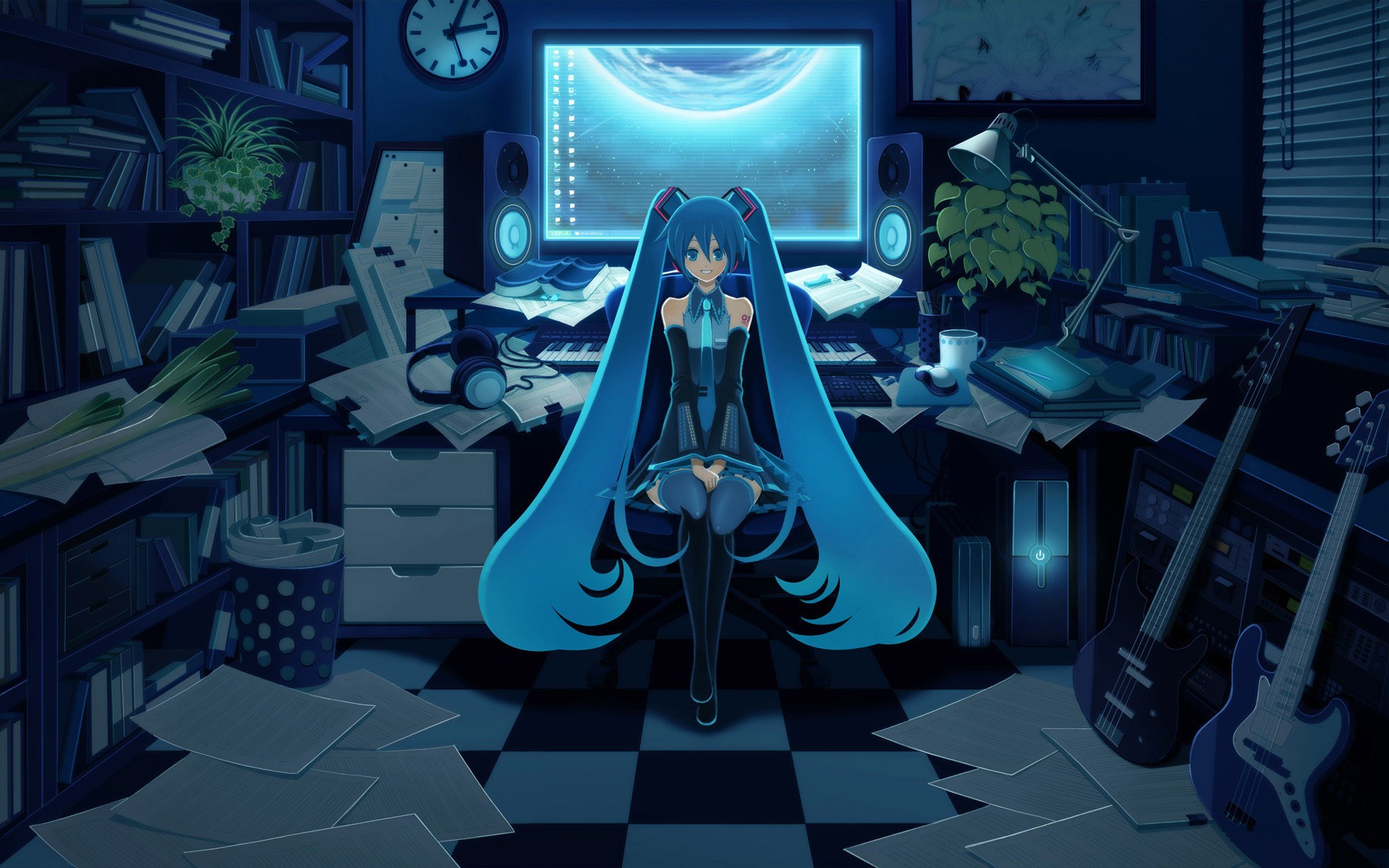 Anime 1920x1200 Hatsune Miku Vocaloid anime girls anime headphones interior blue hair sitting knees together long hair room looking at viewer