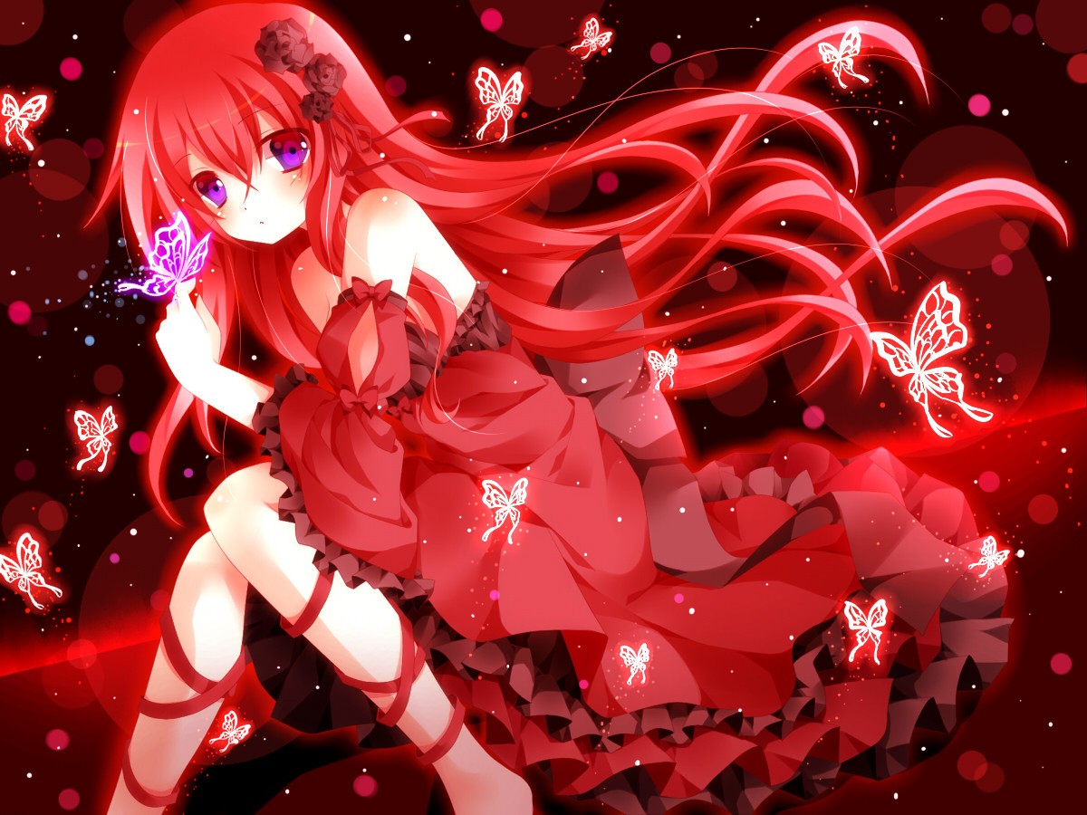 Anime 1200x900 anime redhead long hair anime girls looking at viewer purple eyes sitting dress red dress butterfly