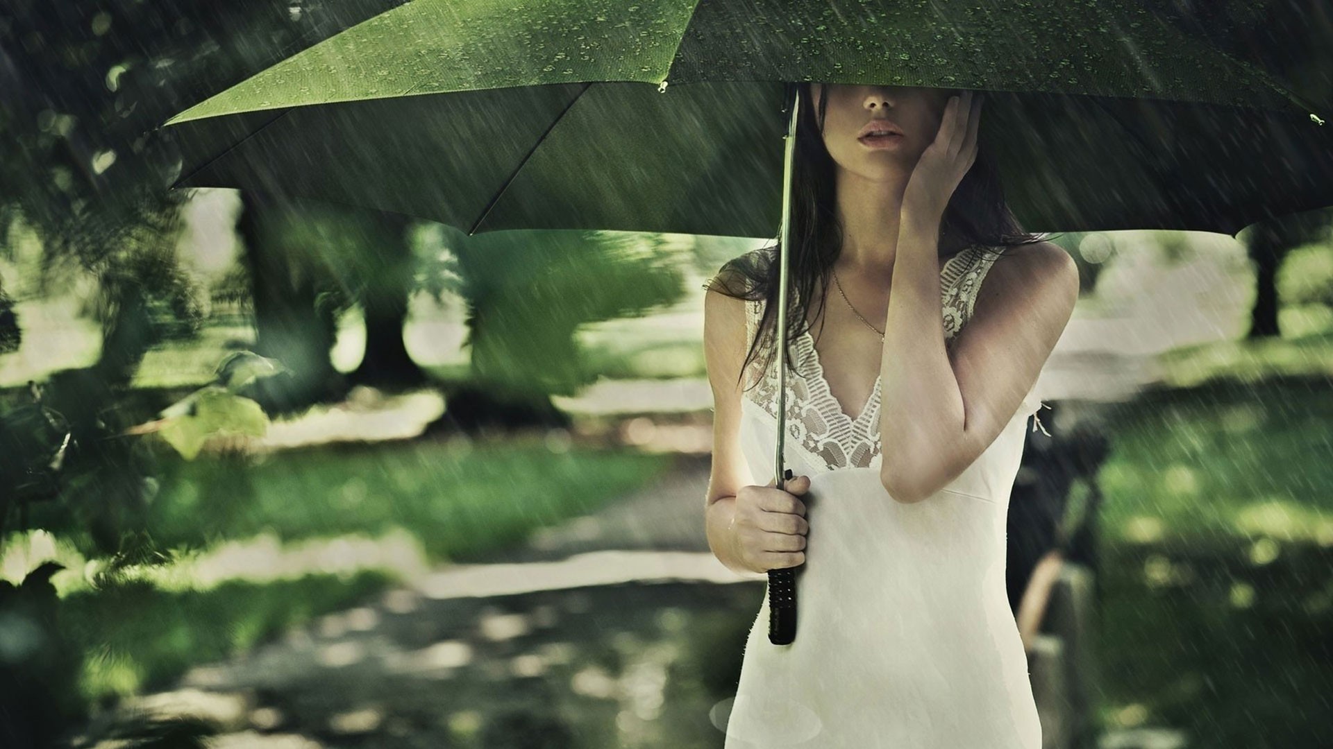 People 1920x1080 model women umbrella rain women outdoors outdoors face green women with umbrella standing