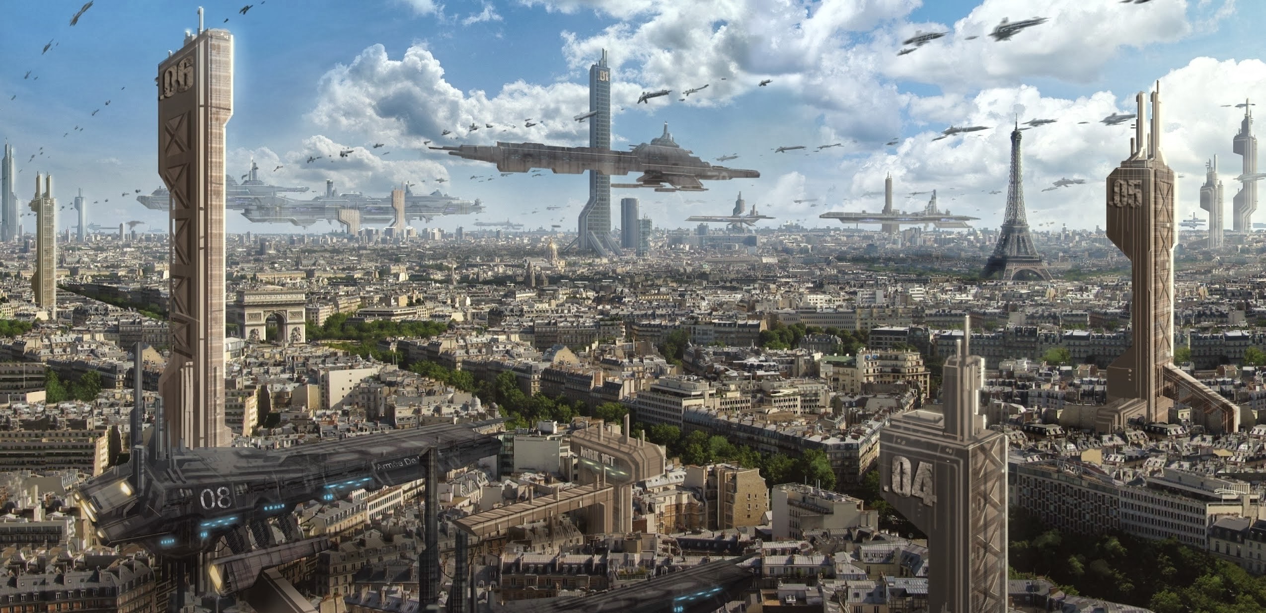 General 2549x1234 cityscape futuristic science fiction futuristic city Paris France Arc de Triomphe Eiffel Tower airships vehicle digital art