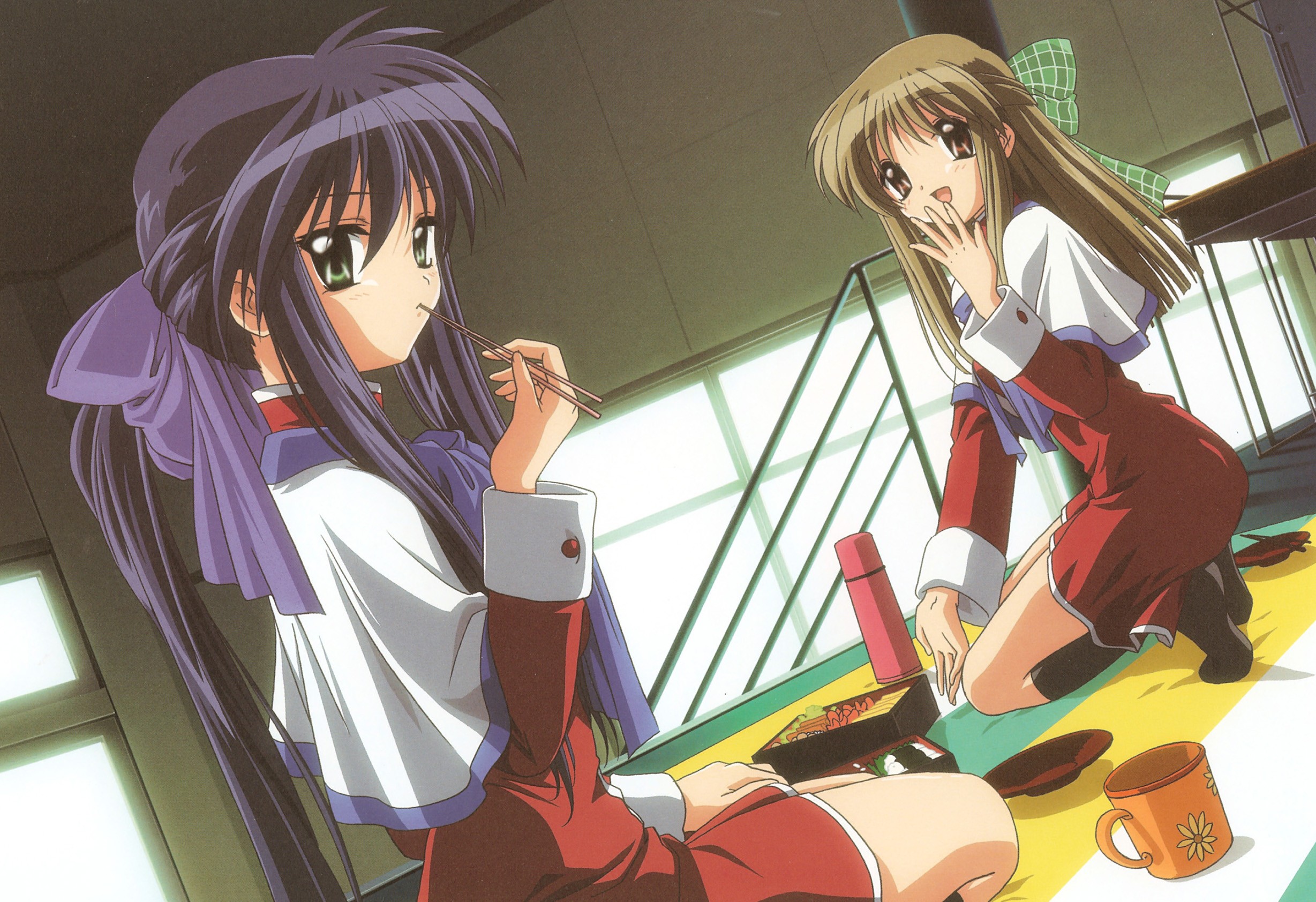 Anime 2457x1684 anime girls anime two women cup dark hair brunette looking at viewer food kneeling sitting
