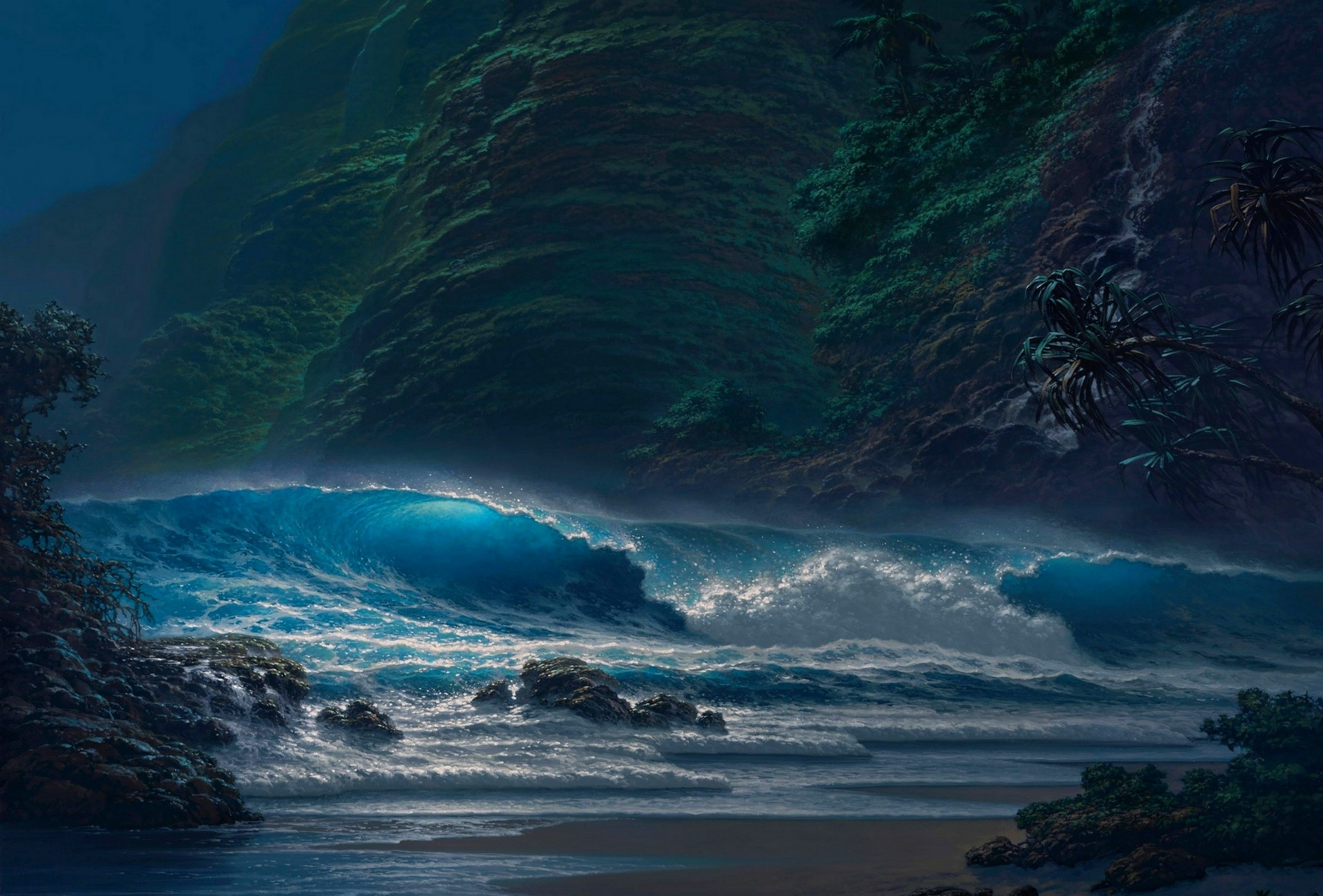 General 1920x1300 nature landscape beach palm trees coast sea waves cliff moonlight sand night