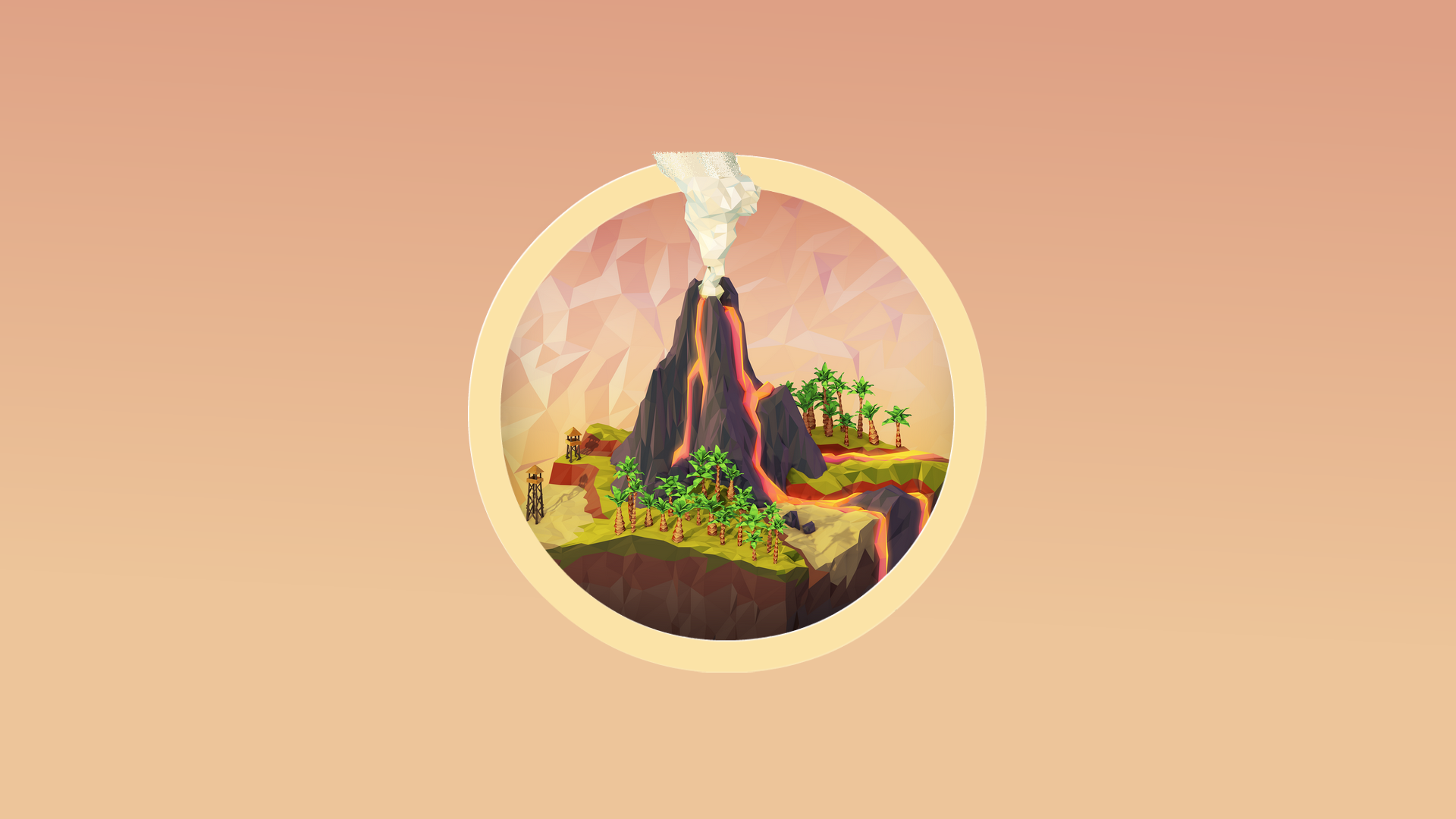 General 1920x1080 digital art minimalism nature simple background palm trees volcano eruption lava smoke low poly circle tower beige beige background gradient