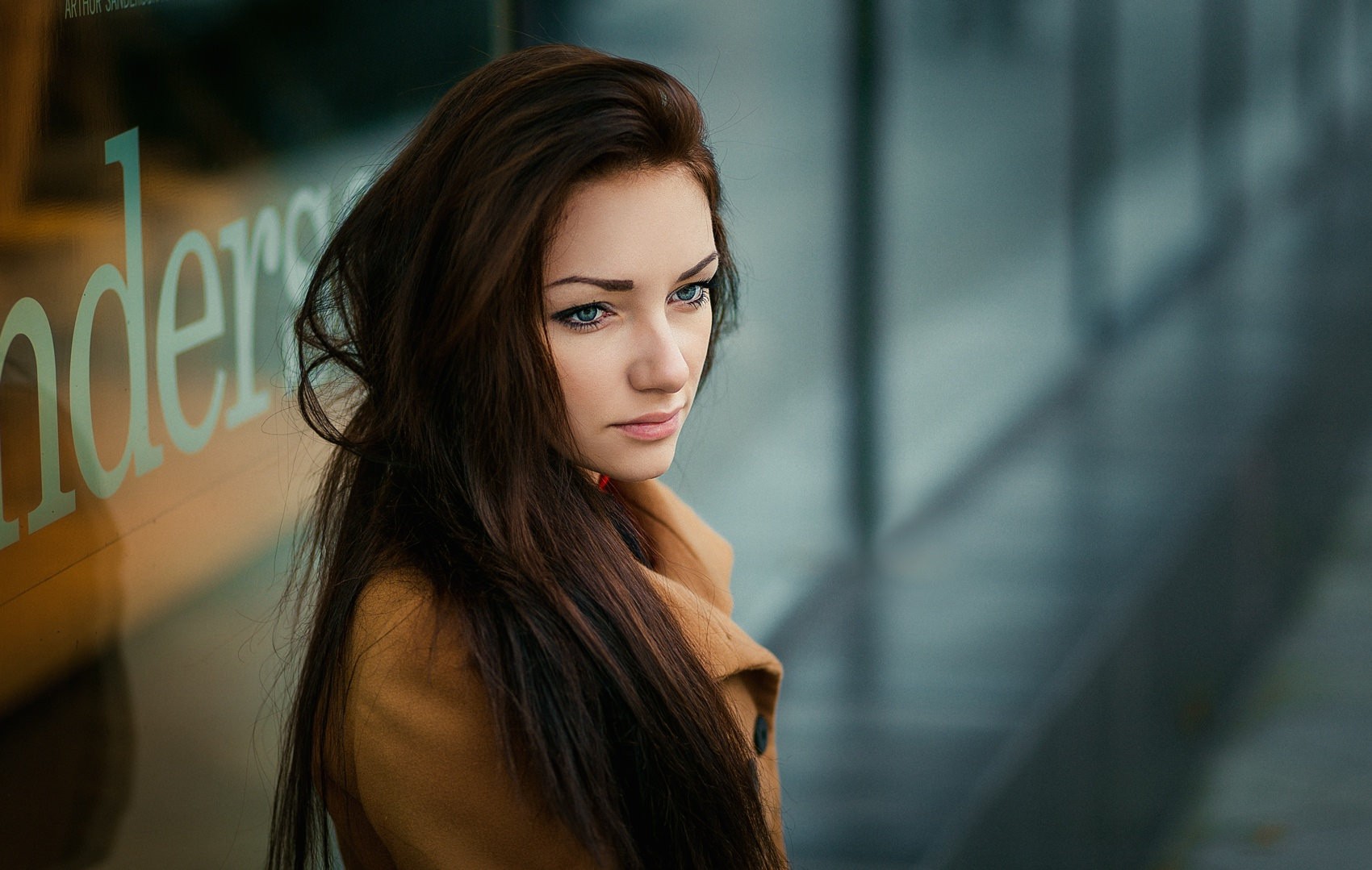 People 1700x1079 women model face portrait brunette blue eyes yellow coats coats long hair women outdoors urban makeup