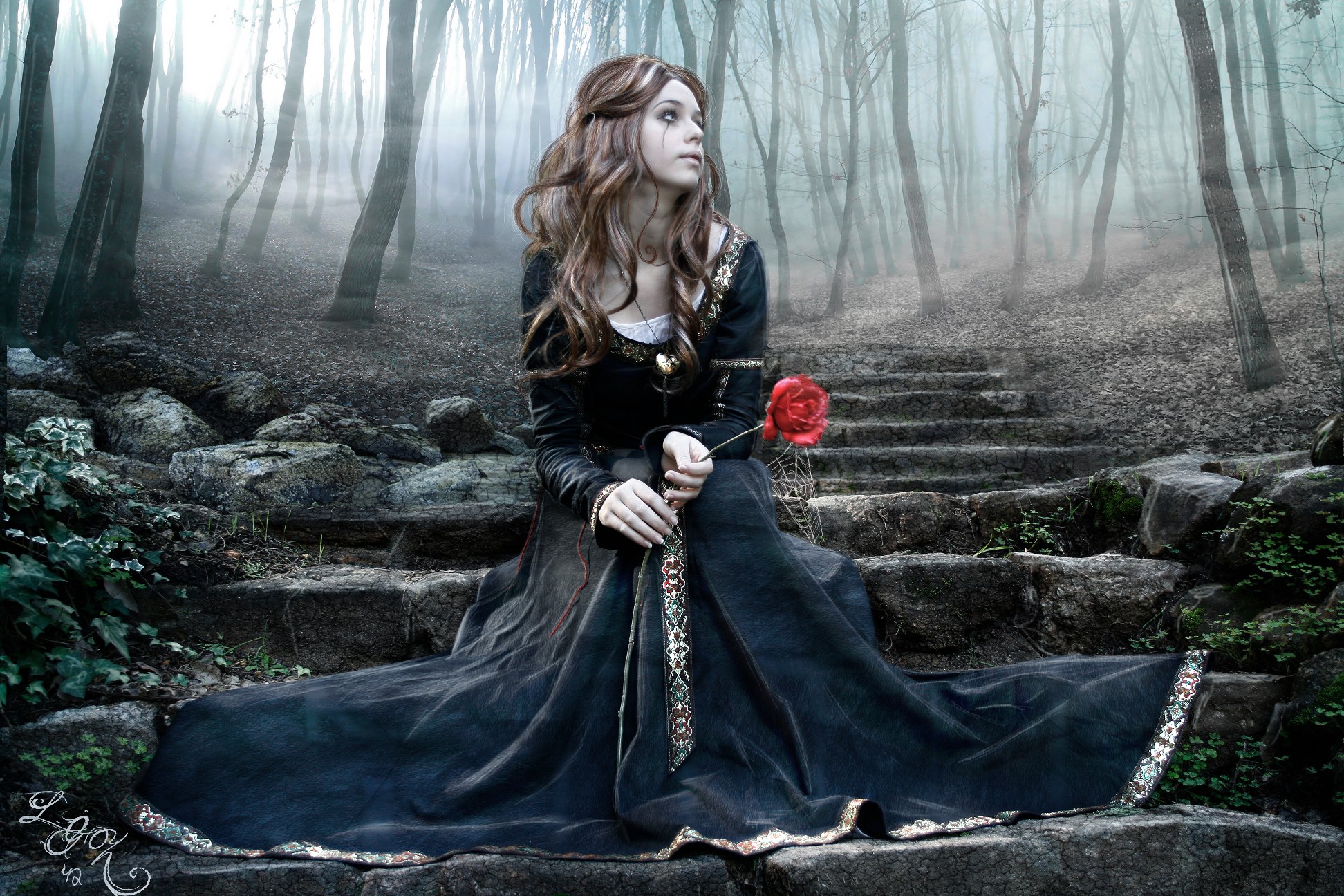 People 1944x1296 women women outdoors costumes brunette long hair blue dress Conceptual sadness crying tears looking away fantasy girl rose flowers plants sitting sad dress watermarked