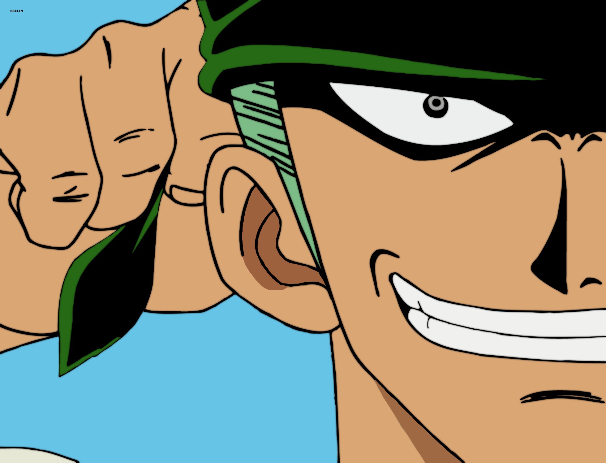 Anime 1959x1496 One Piece anime Roronoa Zoro face smiling cyan background green hair anime boys closeup