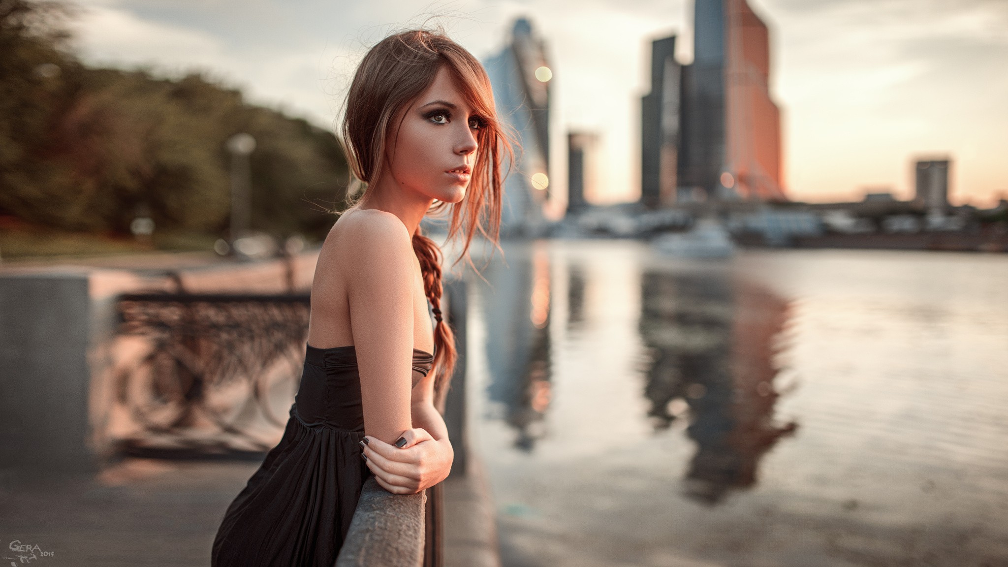 People 2048x1152 women model face portrait city river Ksenia Kokoreva Georgy Chernyadyev women outdoors makeup smoky eyes painted nails 2015 (Year) looking into the distance Russian Russian women Russian model urban black clothing black nails watermarked Moscow water Russia