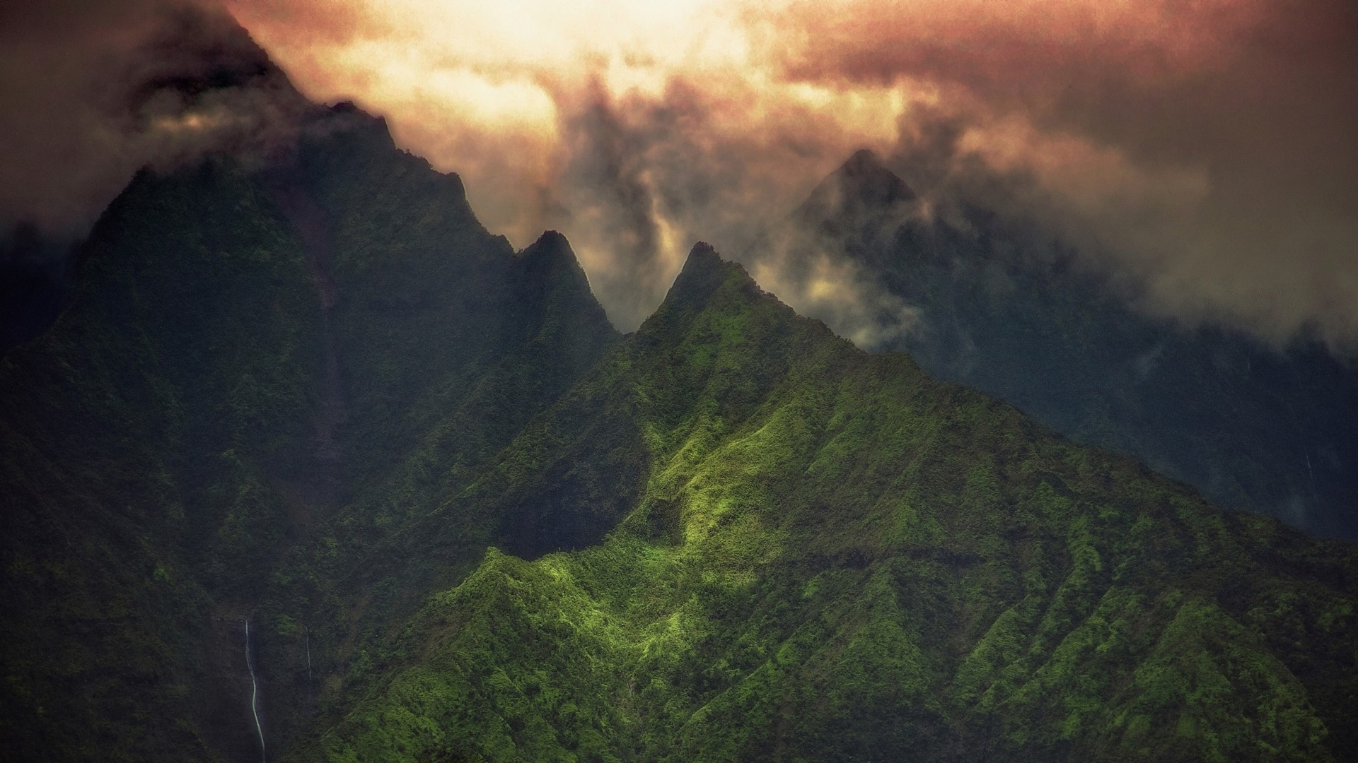 General 1920x1080 landscape nature clouds mountains creeks green Kauai summit