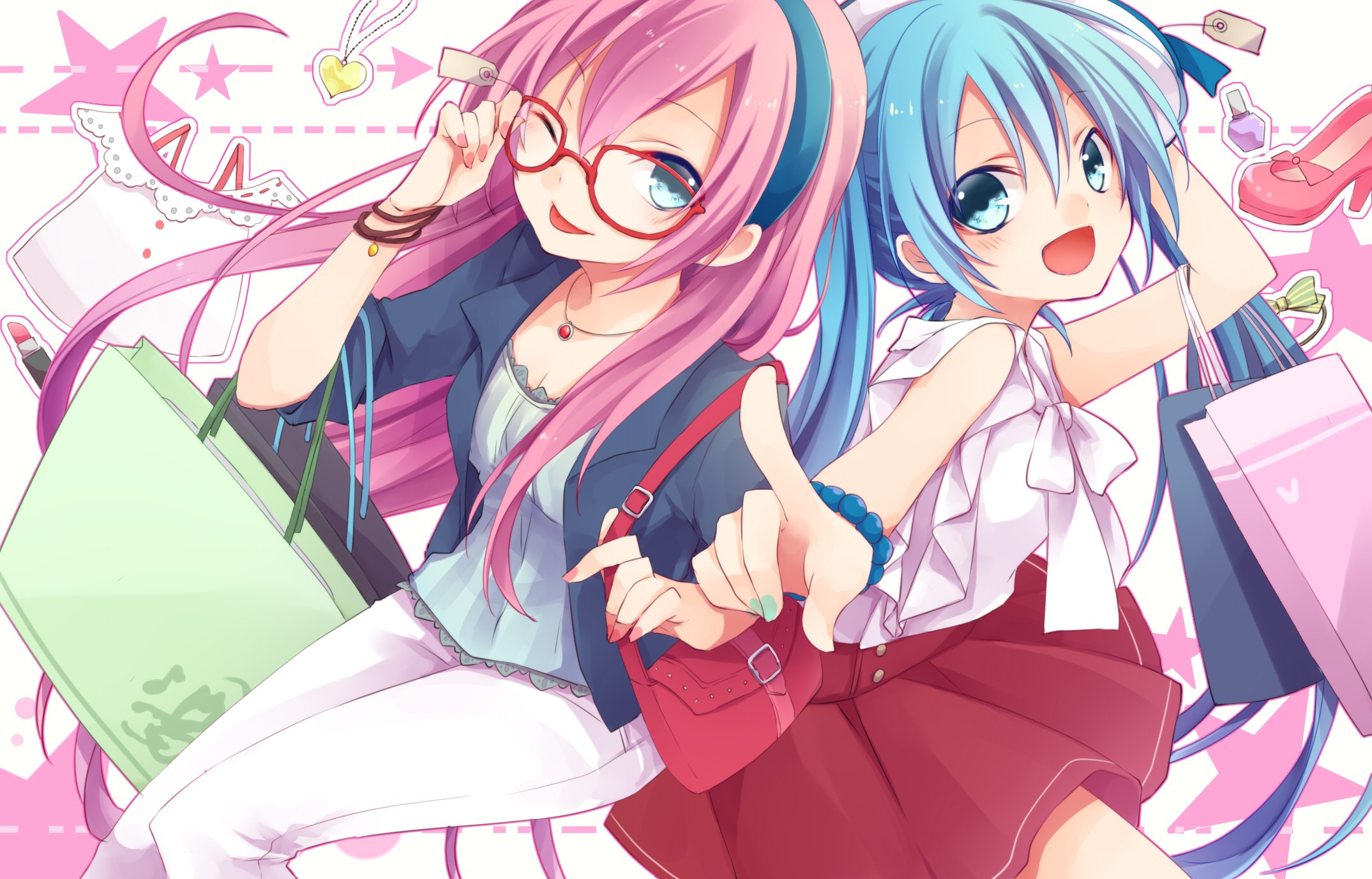 Anime 2149x1377 anime anime girls Vocaloid Hatsune Miku Megurine Luka pink hair two women aqua eyes cyan hair tongues tongue out looking at viewer long hair open mouth hand gesture bracelets