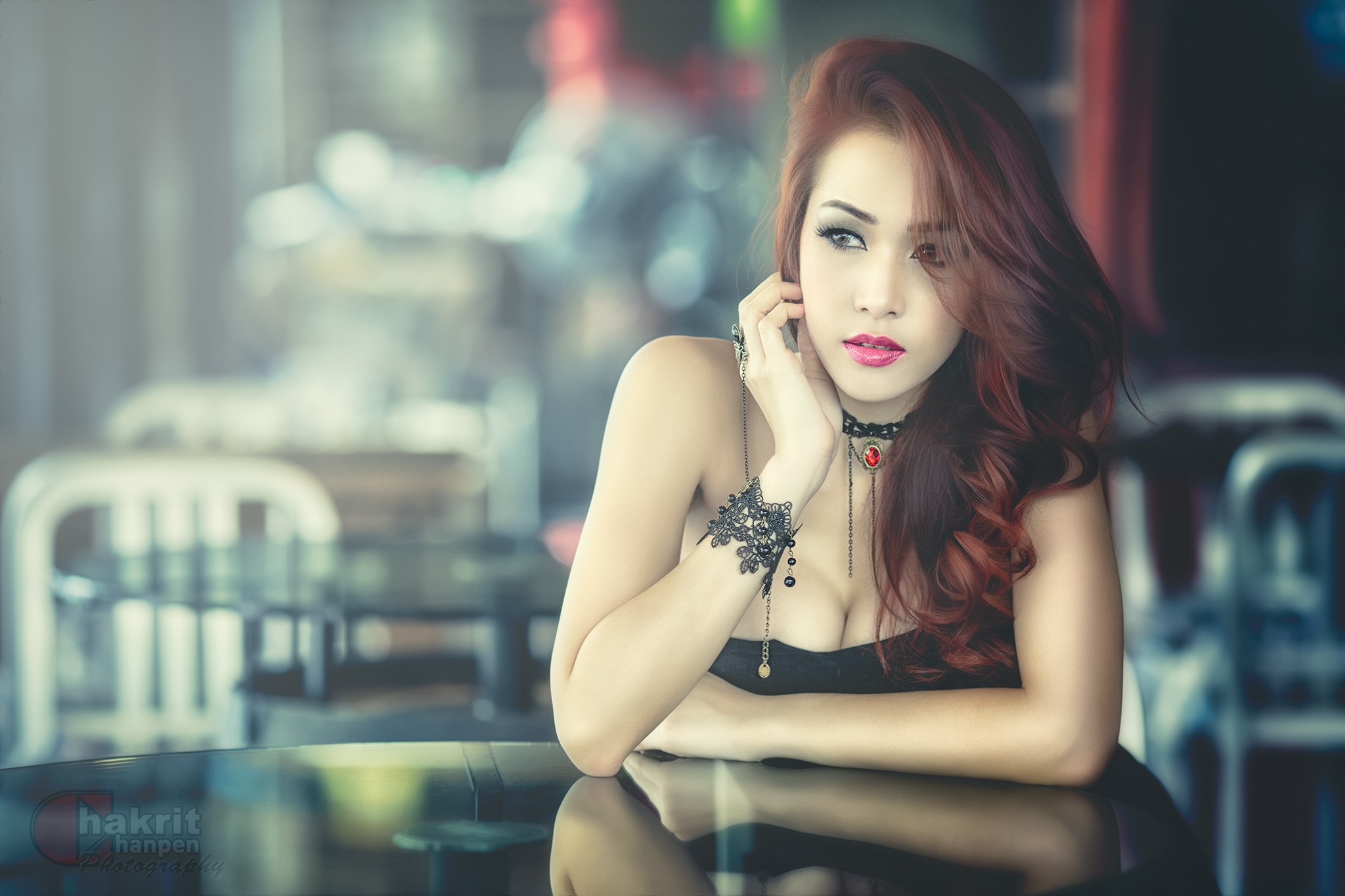 People 2048x1365 women model redhead Asian cleavage makeup necklace dyed hair women indoors indoors pink lipstick eyeliner looking away pale Chakrit Chanpen