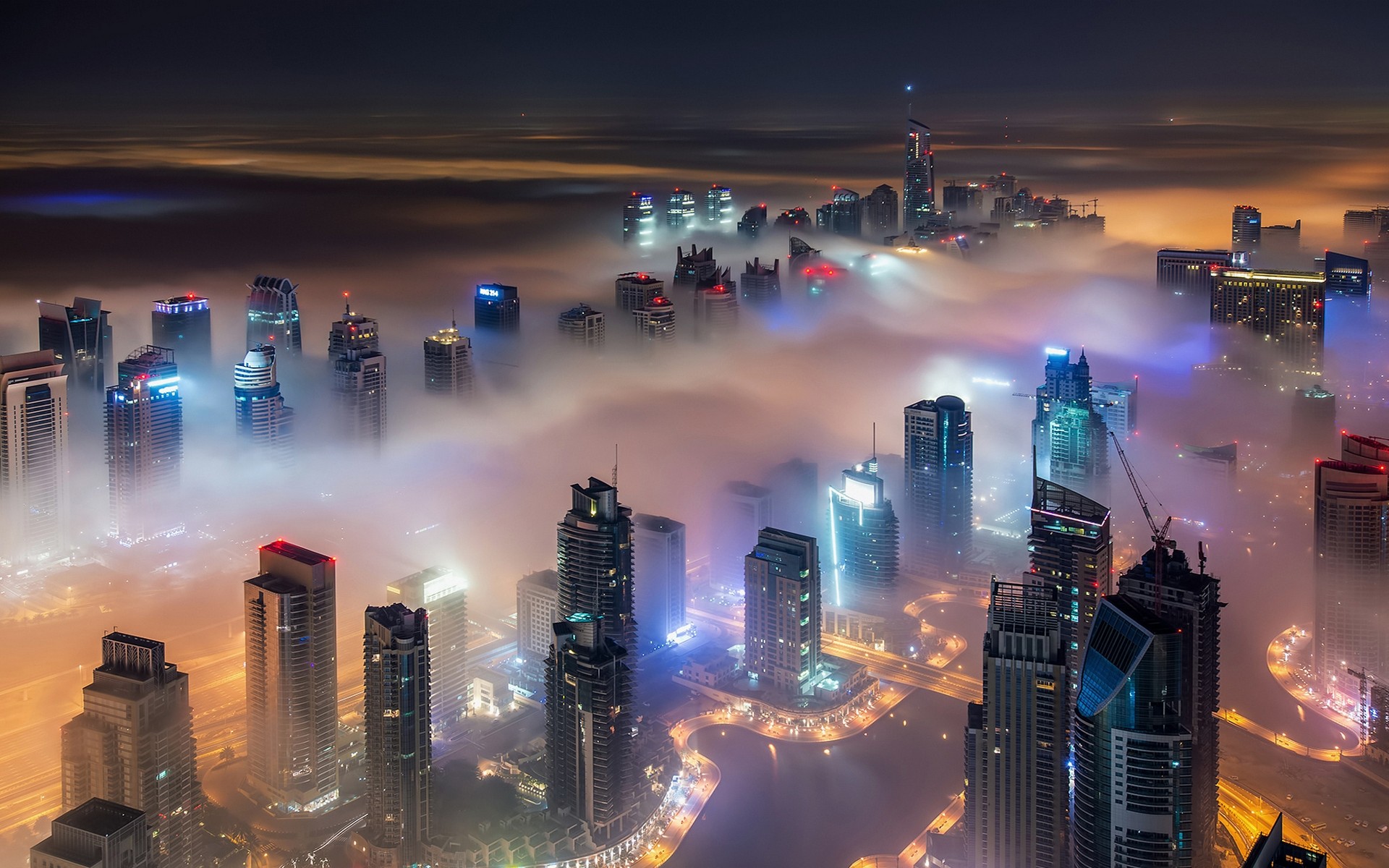 General 1920x1200 cityscape skyscraper mist lights architecture urban landscape Dubai building modern night United Arab Emirates desert