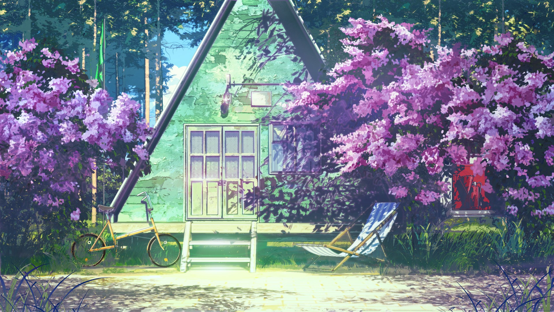 General 1920x1080 purple bicycle hammocks triangle Everlasting Summer (visual novel) red ArseniXC frontal view anime house plants vehicle chair outdoors