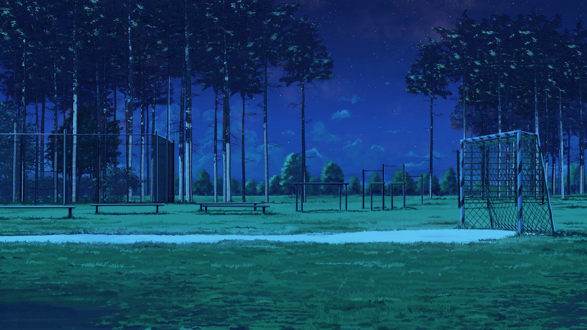 General 1920x1080 Everlasting Summer (visual novel) soccer field night bench ArseniXC grass outdoors anime trees digital art