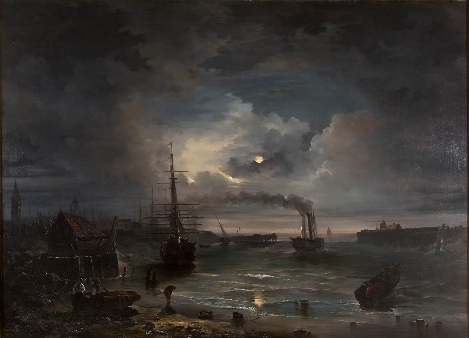 General 1500x1082 painting boat sea smoke clouds classic art Moon