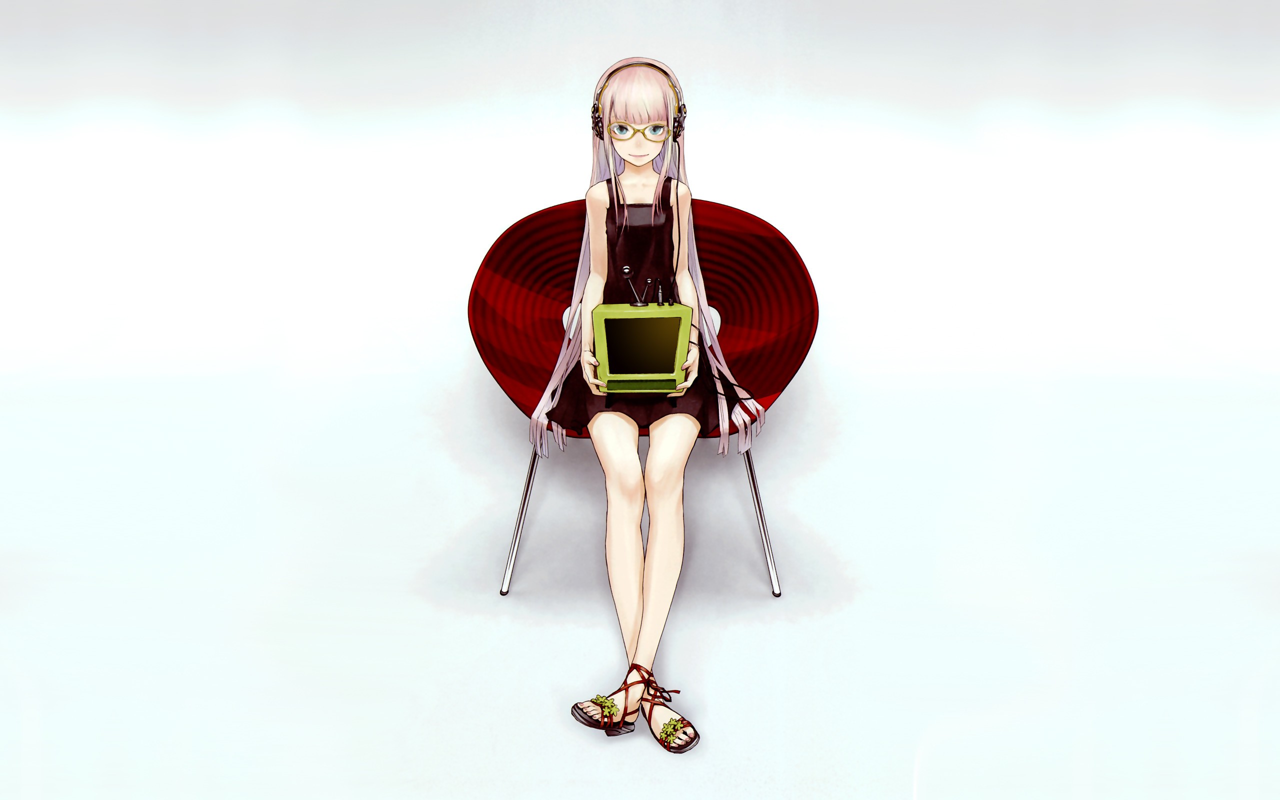 Anime 2560x1600 Vocaloid Megurine Luka anime girls anime women with glasses sitting pink hair simple background white background legs long hair