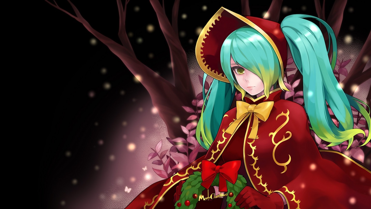 Anime 1536x864 anime girls anime Sona (League of Legends) League of Legends cyan hair hair over one eye Christmas video game art video game girls PC gaming long hair looking at viewer
