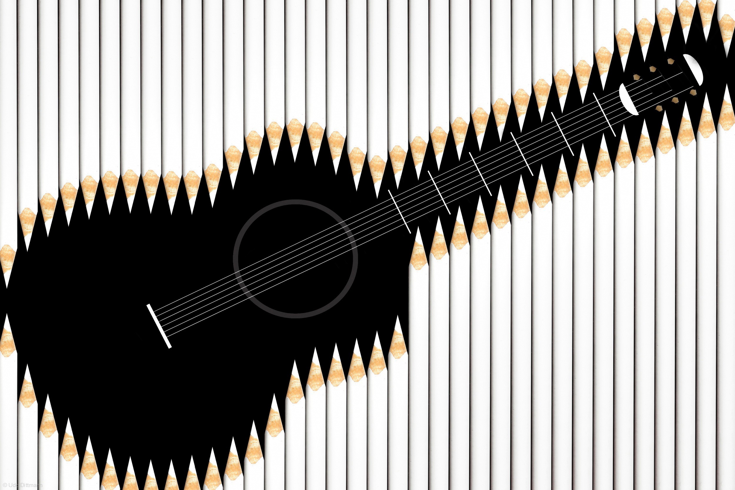 General 2500x1667 digital art artwork guitar black background white pencils strings imagination musical instrument