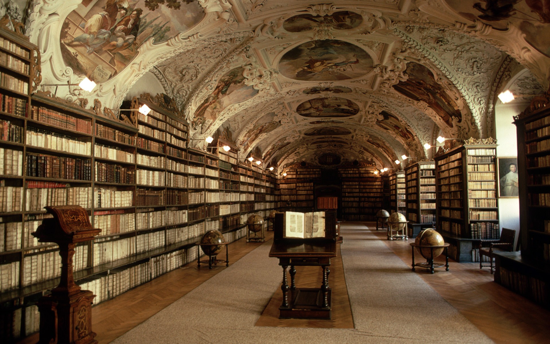 General 1920x1200 books library shelves interior globes Prague Czech Republic Klementinum