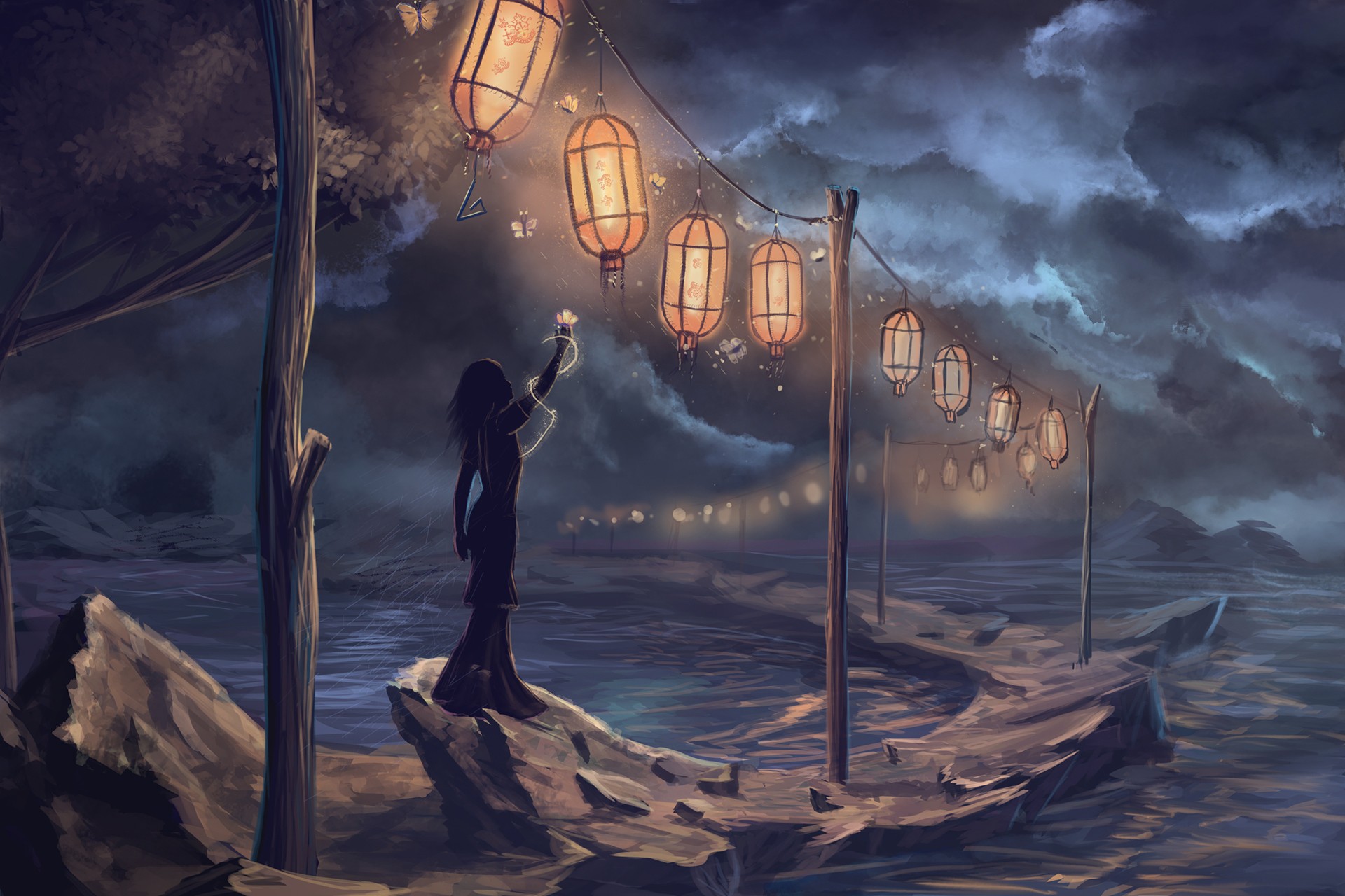 General 1920x1280 fantasy art digital art artwork women lantern sea rock clouds trees dark lights Sylar113