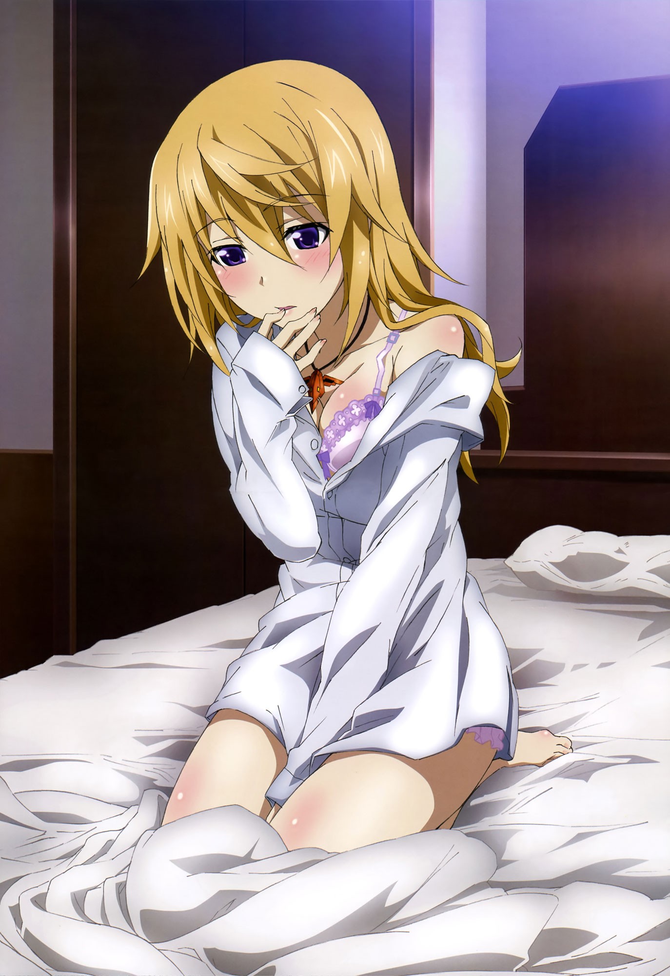 Anime 1374x2000 anime anime girls Infinite Stratos Dunois Charlotte blonde purple eyes in bed kneeling looking away bra hand between legs