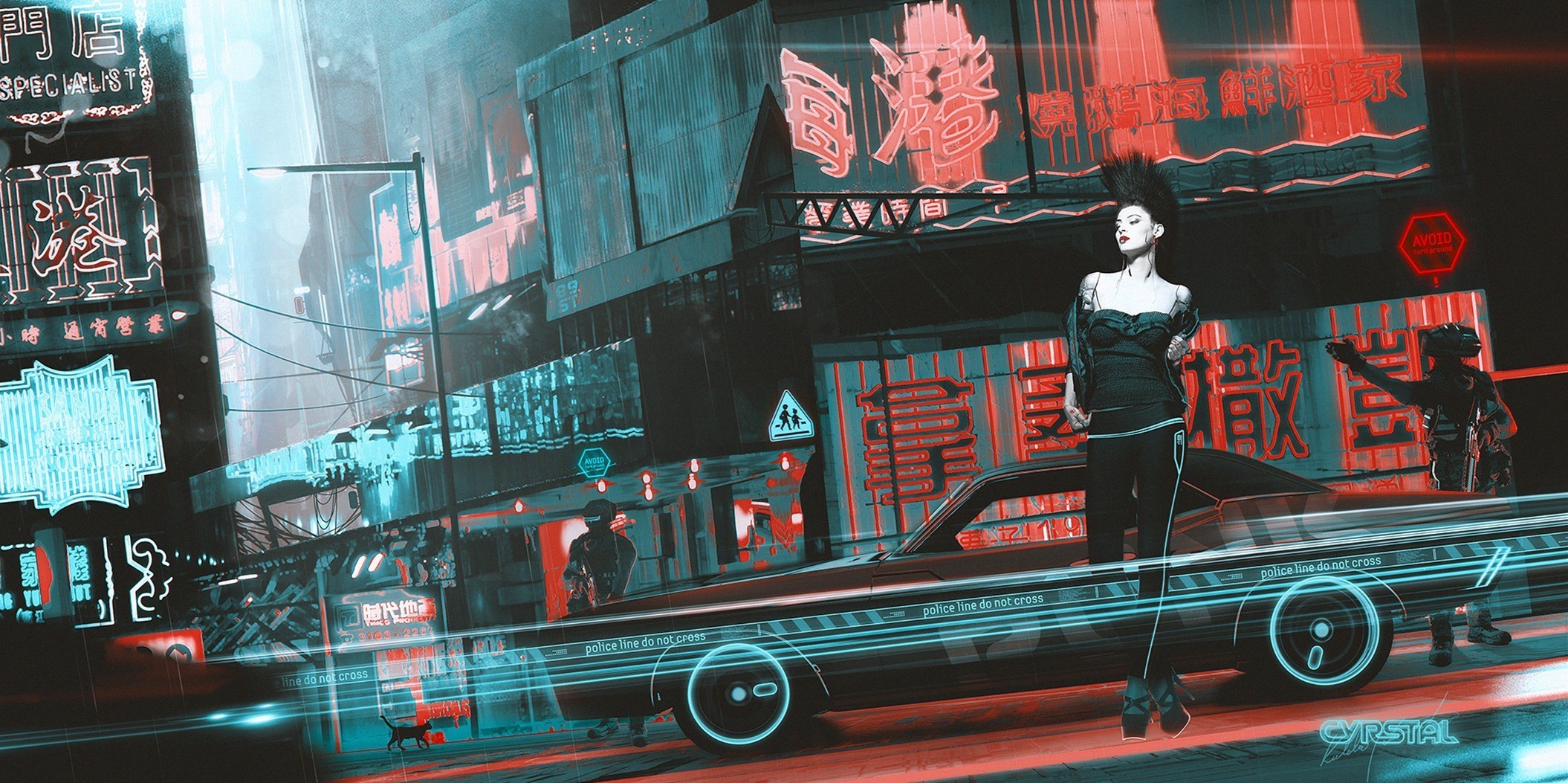 General 2110x1053 artwork cyberpunk Kuldar Leement signs car women China Town vehicle women with cars black hair city standing futuristic