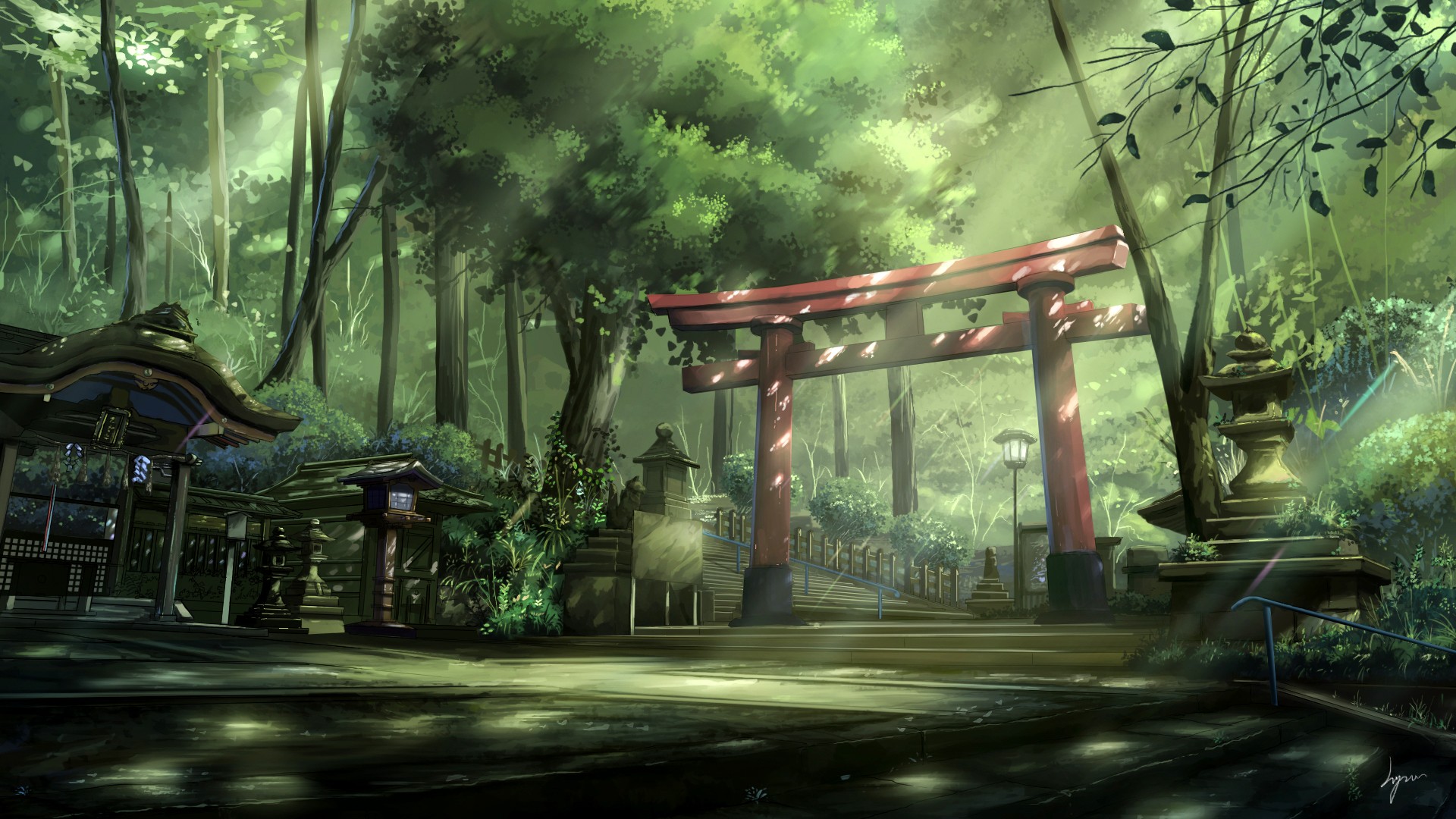 Anime 1920x1080 anime landscape torii sun rays forest Asian architecture steps trees fantasy art Asia temple