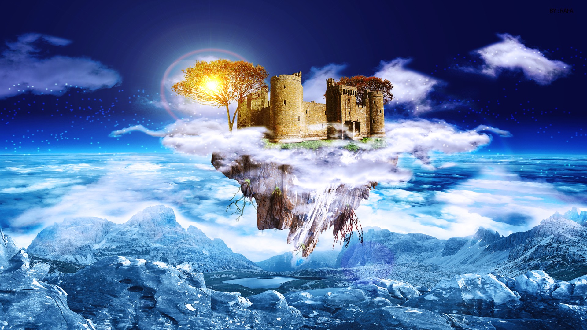 General 1920x1080 digital art fantasy art architecture castle floating island mountains rocks trees lake clouds sunlight roots