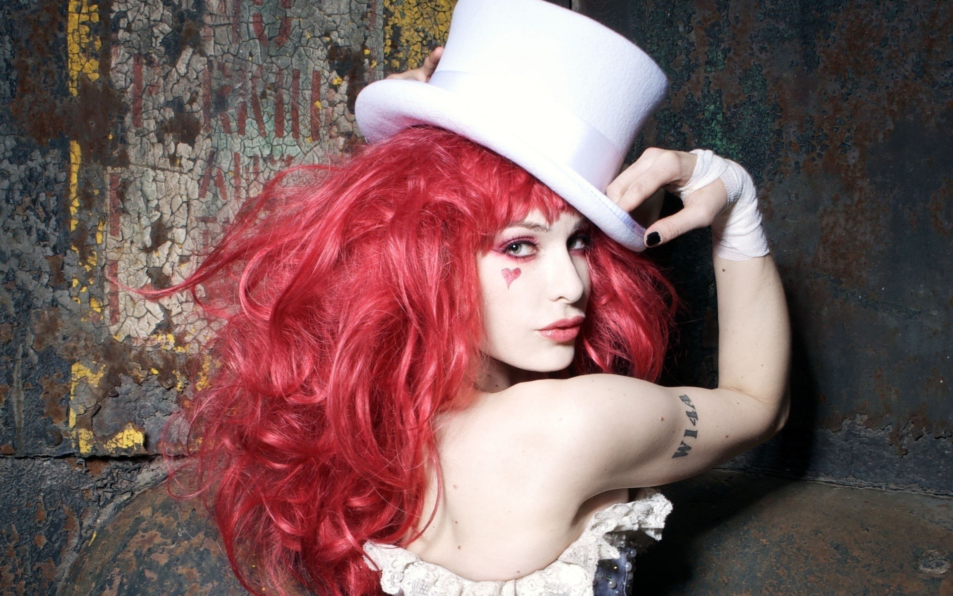 People 1920x1200 Emilie Autumn hat dyed hair pink hair pale black nails painted nails tattoo women with hats long hair women model