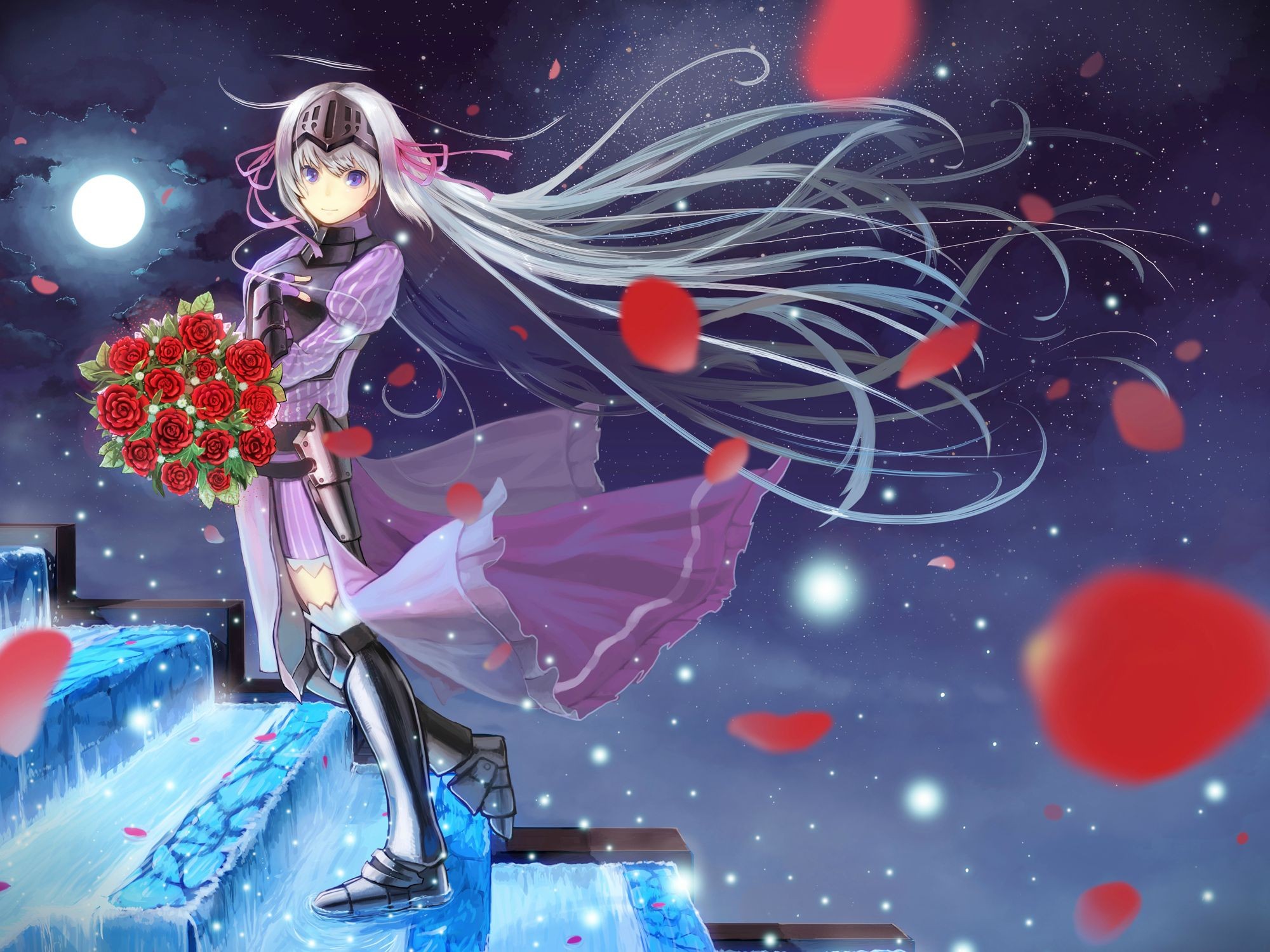 Anime 2000x1500 anime girls Eucliwood Hellscythe Kore wa Zombie Desu ka? purple eyes anime flowers long hair rose red flowers Moon stairs looking at viewer