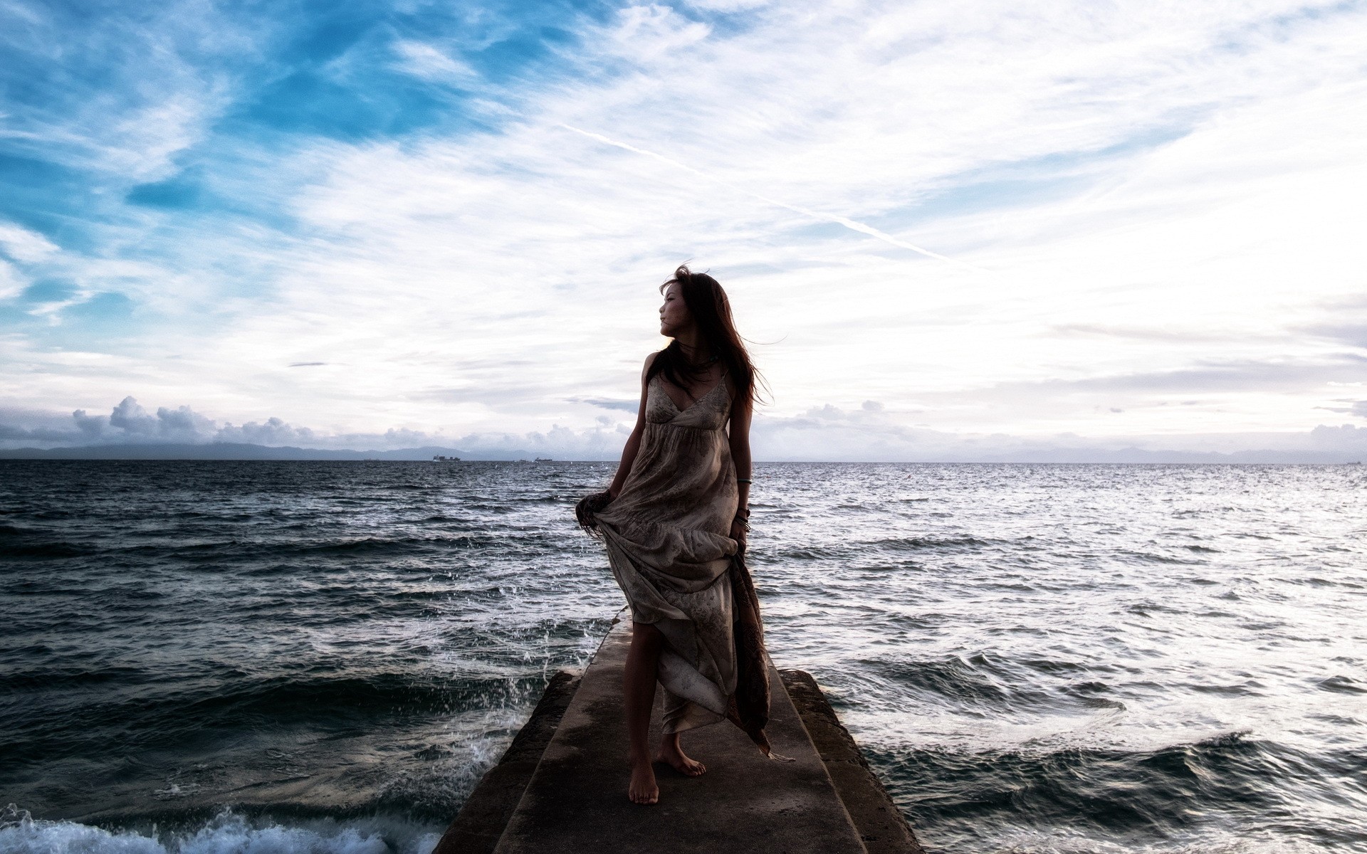 People 1920x1200 sea women women outdoors Asian brunette white dress looking into the distance barefoot loneliness outdoors standing looking away