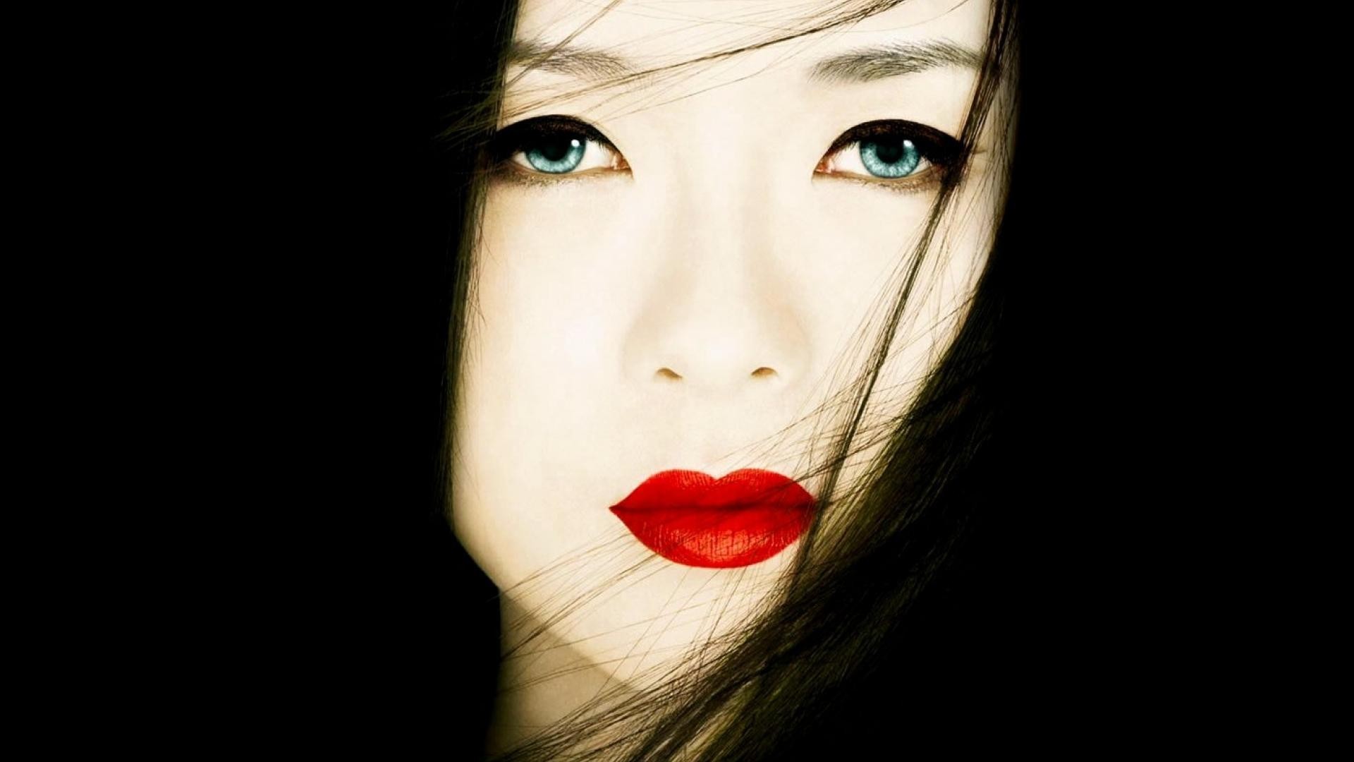 General 1920x1080 face movies women Asian red lipstick actress dark hair closeup fair skin blue eyes