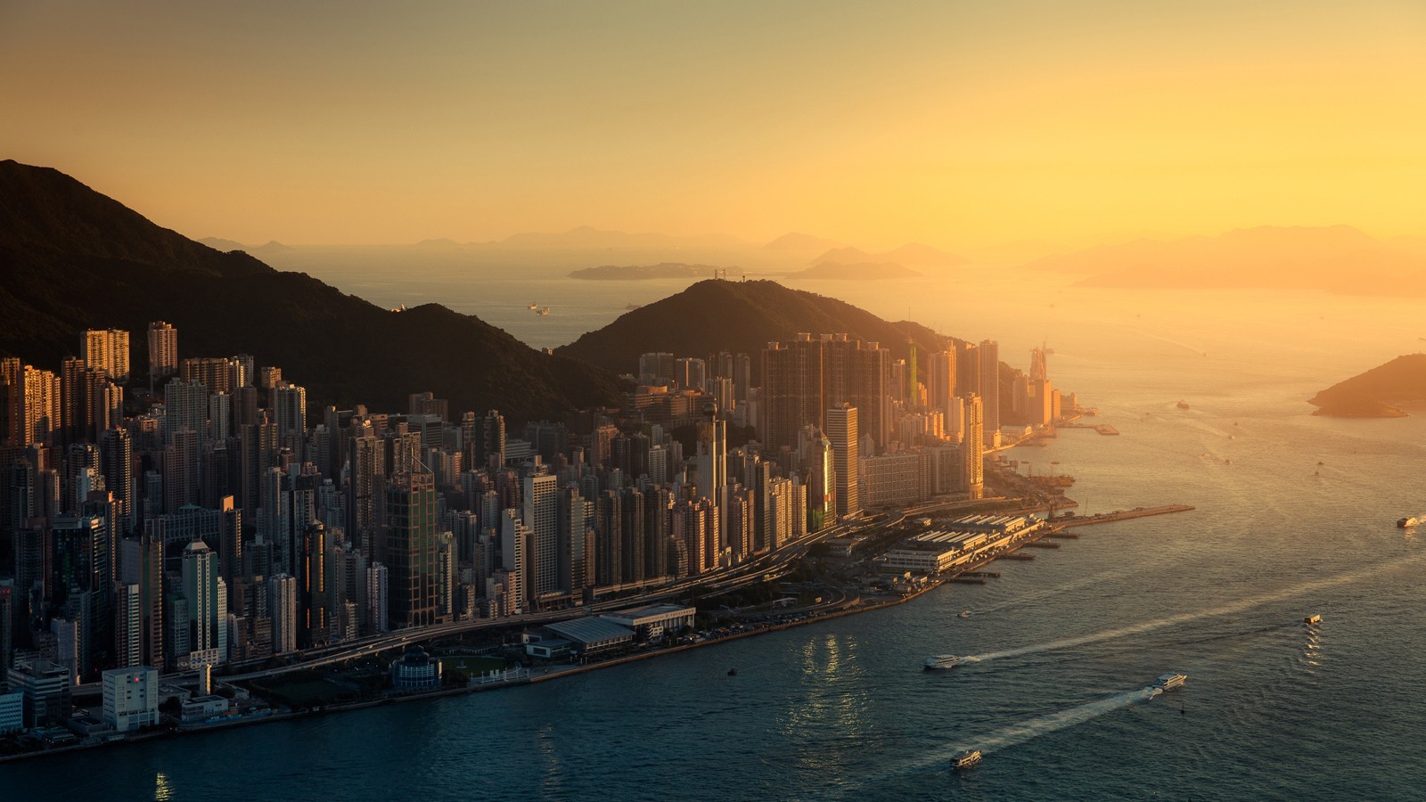 General 1600x900 Hong Kong cityscape skyscraper city sunset aerial view Asia sunlight water China