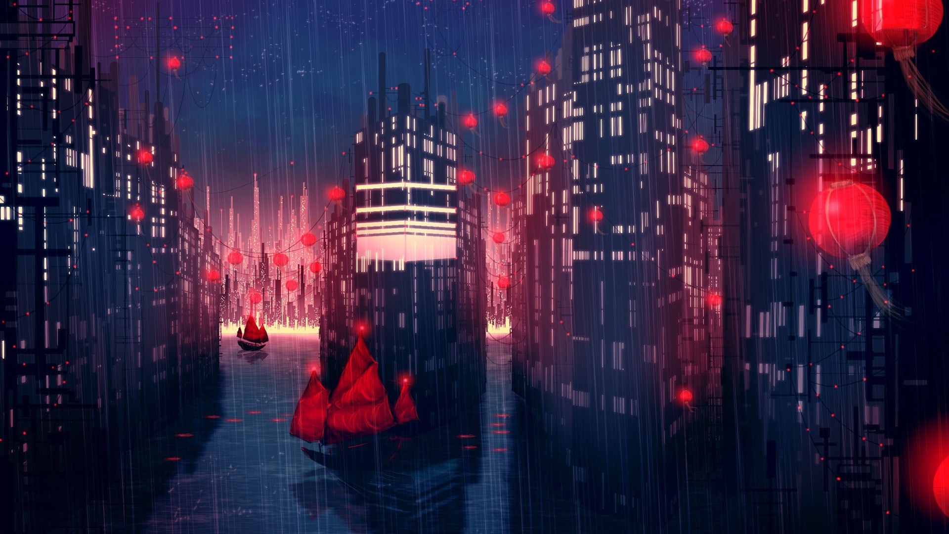 General 1920x1080 rain city artwork fantasy art concept art boat red science fiction cityscape night lantern